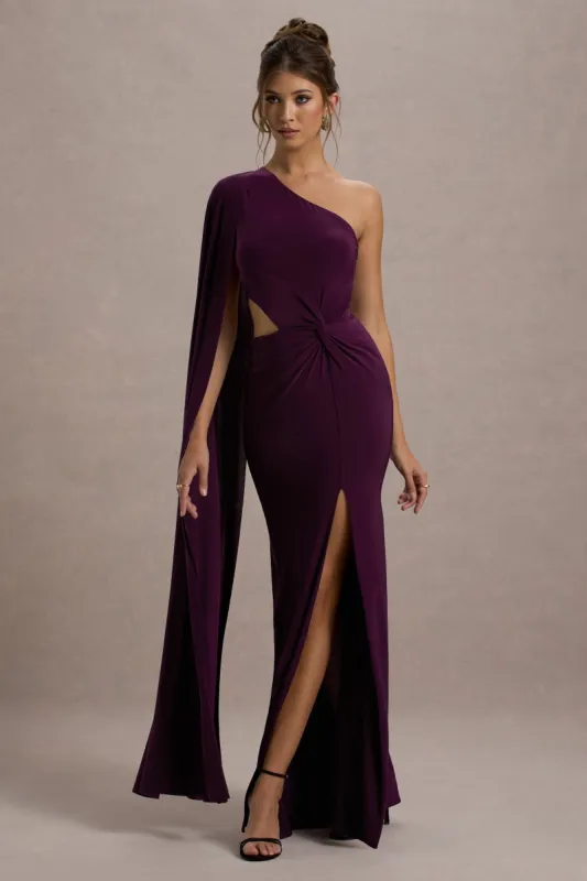 Brona | Plum One-Shoulder Cape-Sleeve Split Maxi Dress sold by Club L London