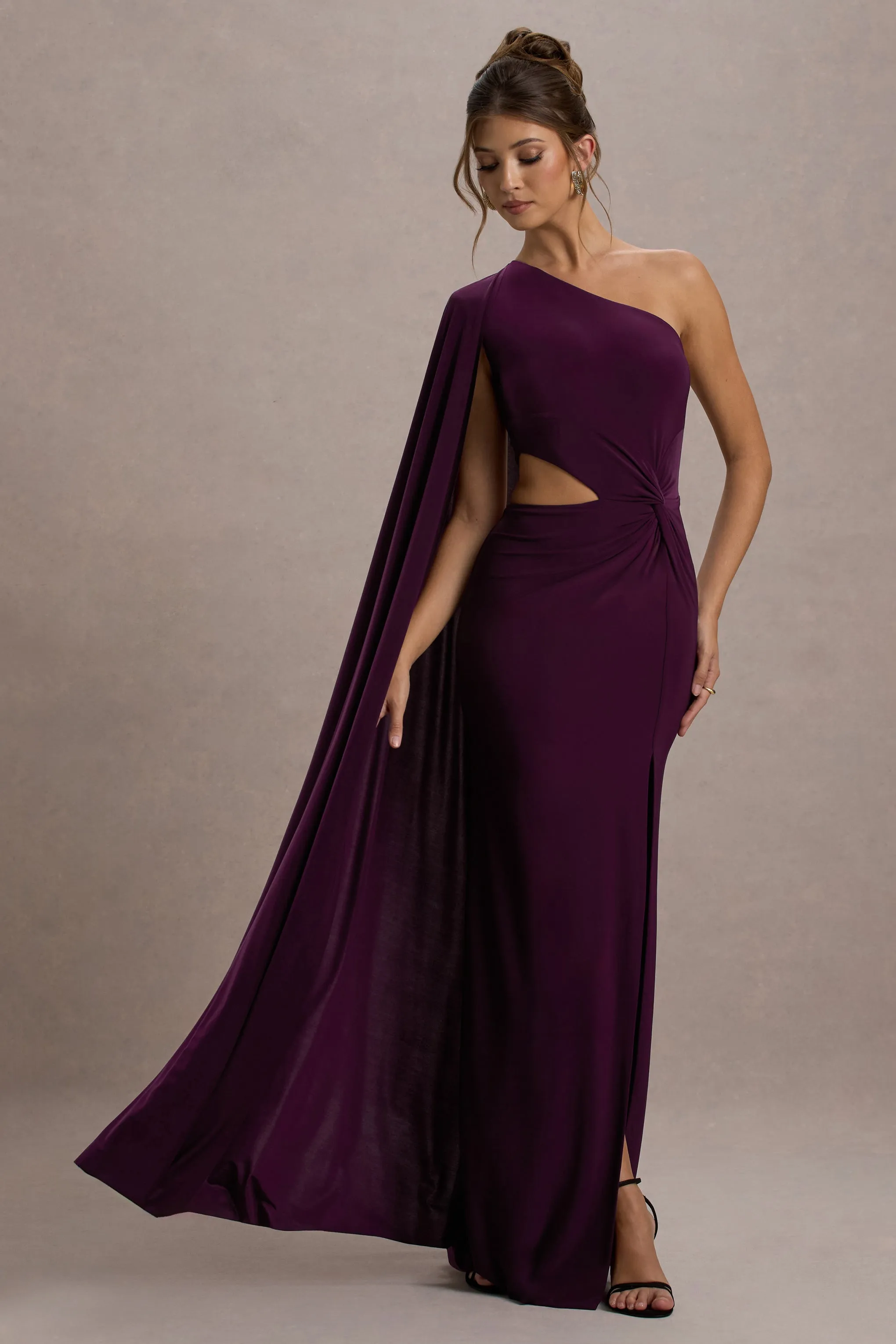 Brona | Plum One-Shoulder Cape-Sleeve Split Maxi Dress sold by Club L London product image thumbnail 4