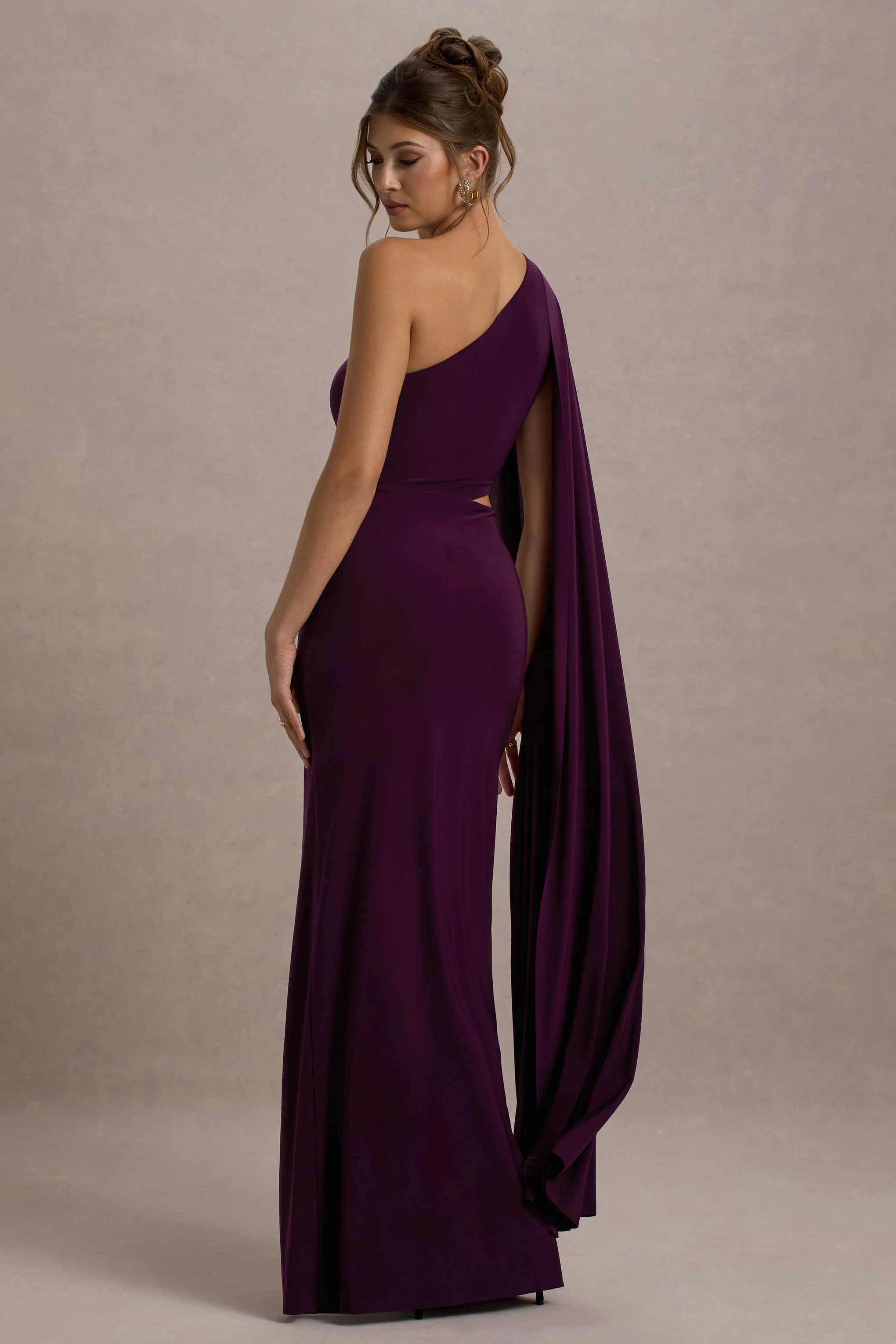 Brona | Plum One-Shoulder Cape-Sleeve Split Maxi Dress sold by Club L London product image thumbnail 2