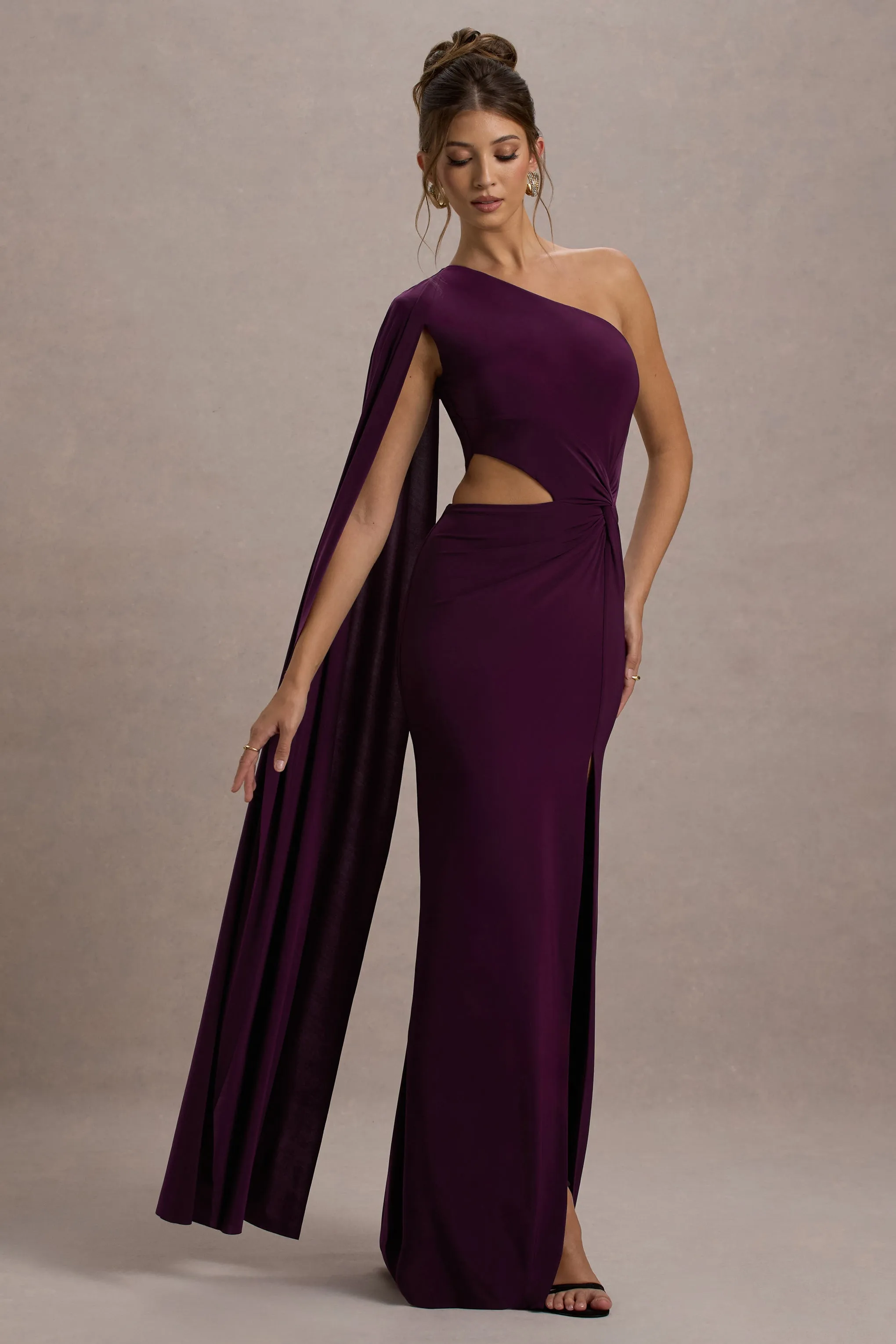 Brona | Plum One-Shoulder Cape-Sleeve Split Maxi Dress sold by Club L London product image thumbnail 5