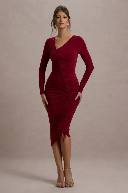 Lilia | Berry Ruched Asymmetric Midi Dress sold by Club L London