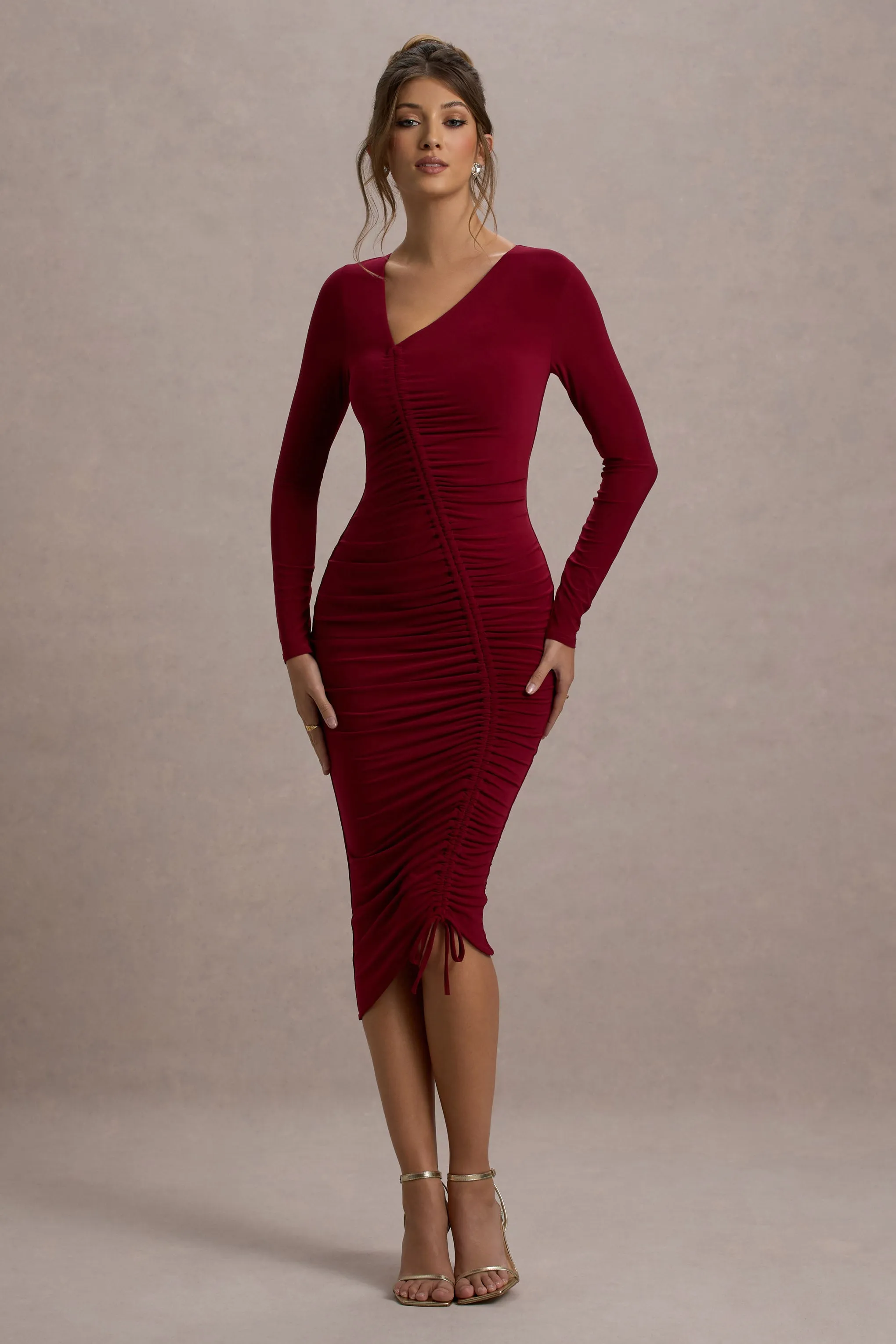 Lilia | Berry Ruched Asymmetric Midi Dress sold by Club L London