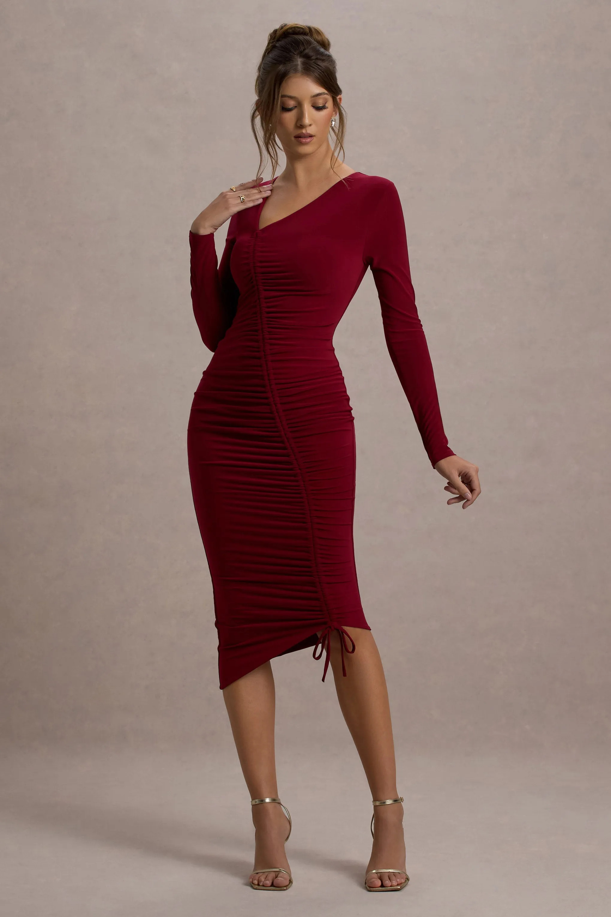 Lilia | Berry Ruched Asymmetric Midi Dress sold by Club L London product image thumbnail 5