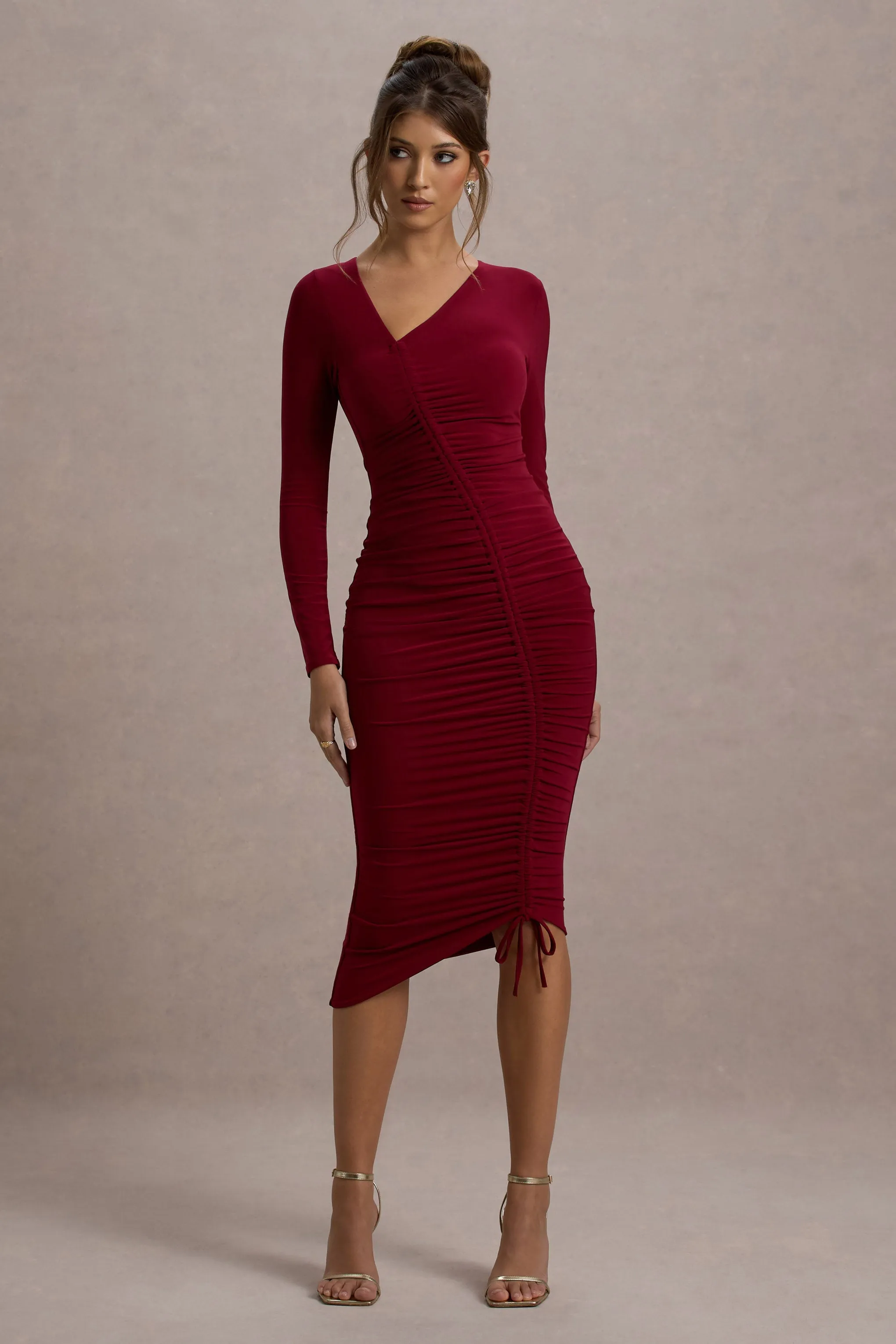 Lilia | Berry Ruched Asymmetric Midi Dress sold by Club L London product image thumbnail 4