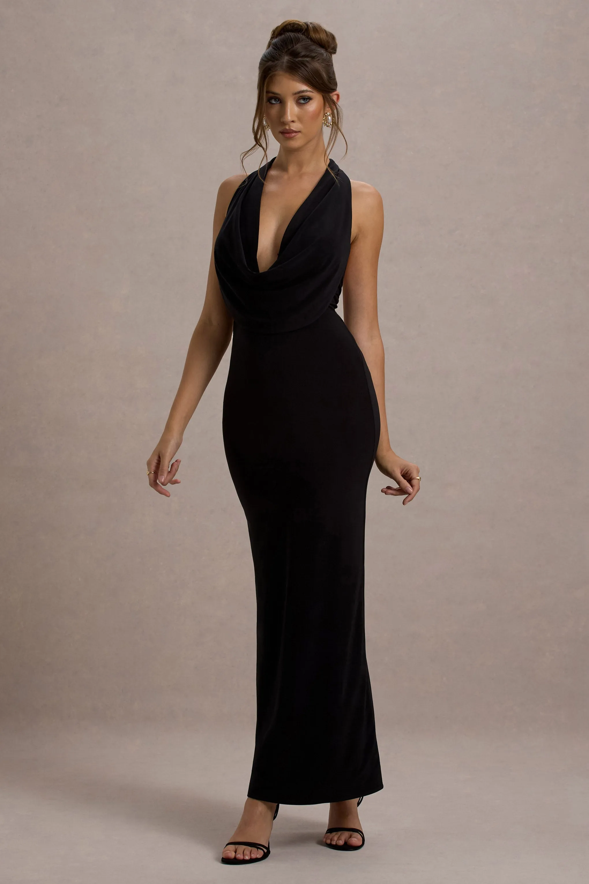 Edessa | Black Plunge-Neck Maxi Dress sold by Club L London