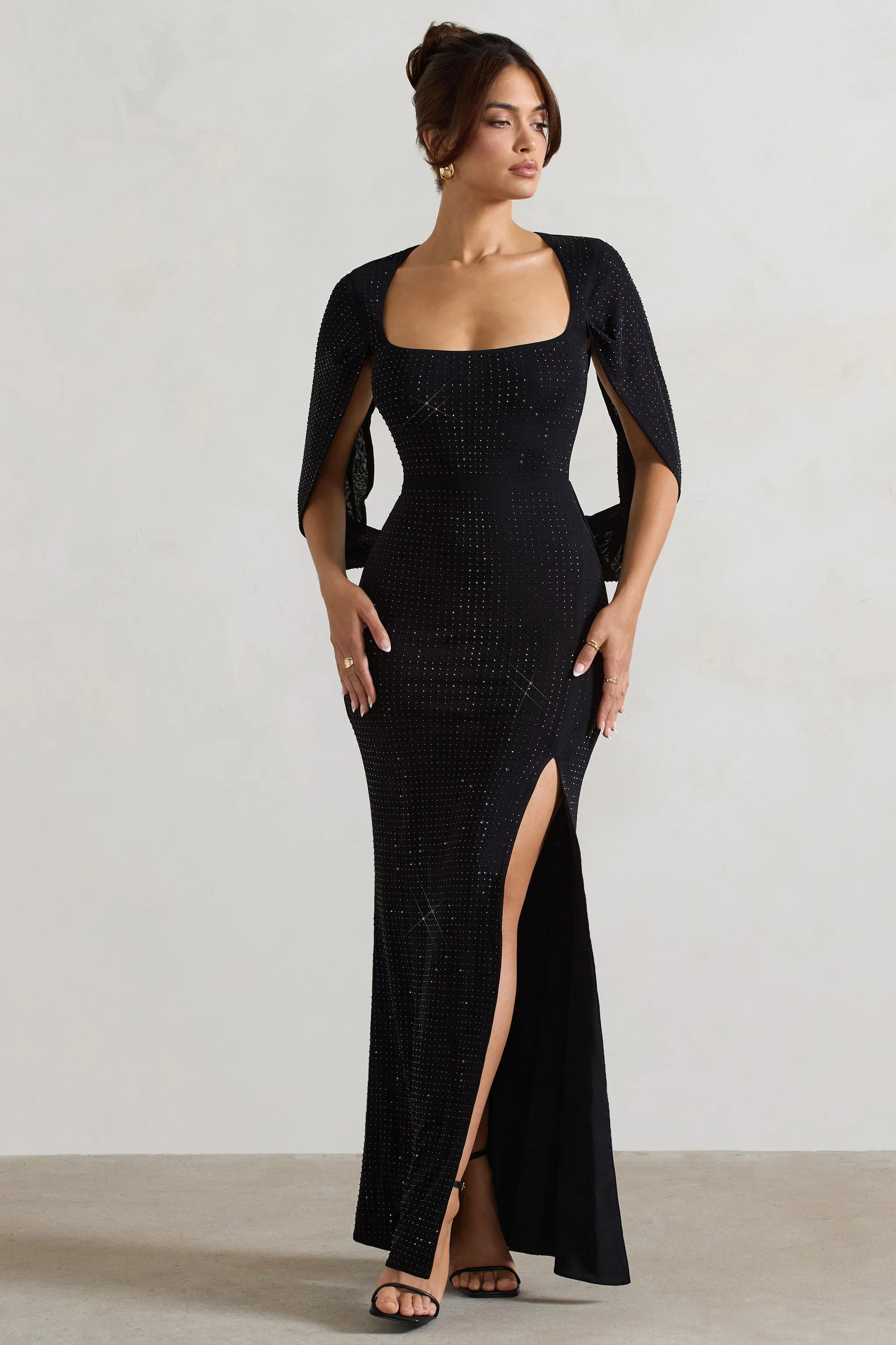 Broadway | Black Embellished Fishtail Maxi Dress With Cape Sleeves sold by Club L London