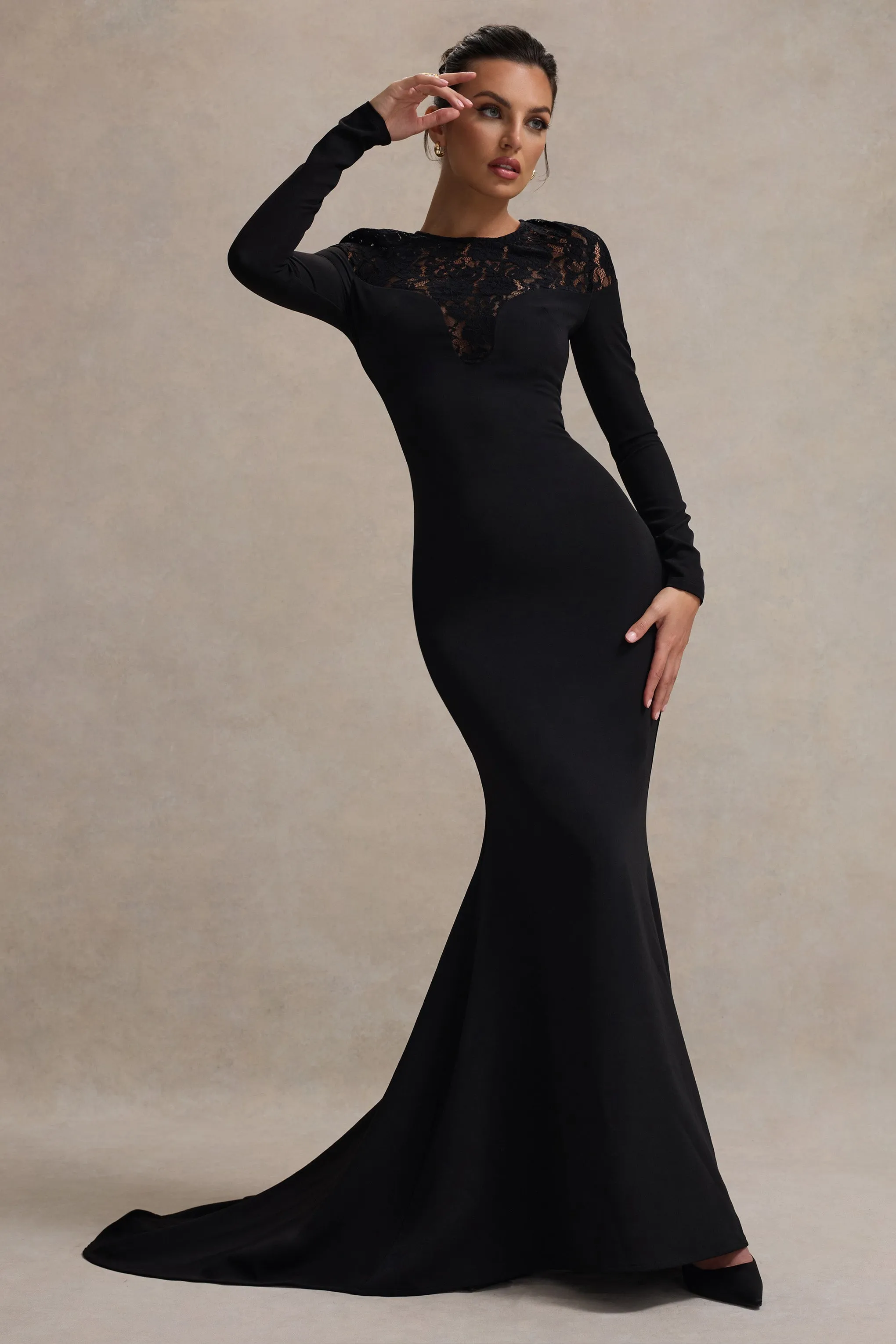 Campbell | Black Long-Sleeve Maxi Dress With Lace Detail sold by Club L London product image thumbnail 4
