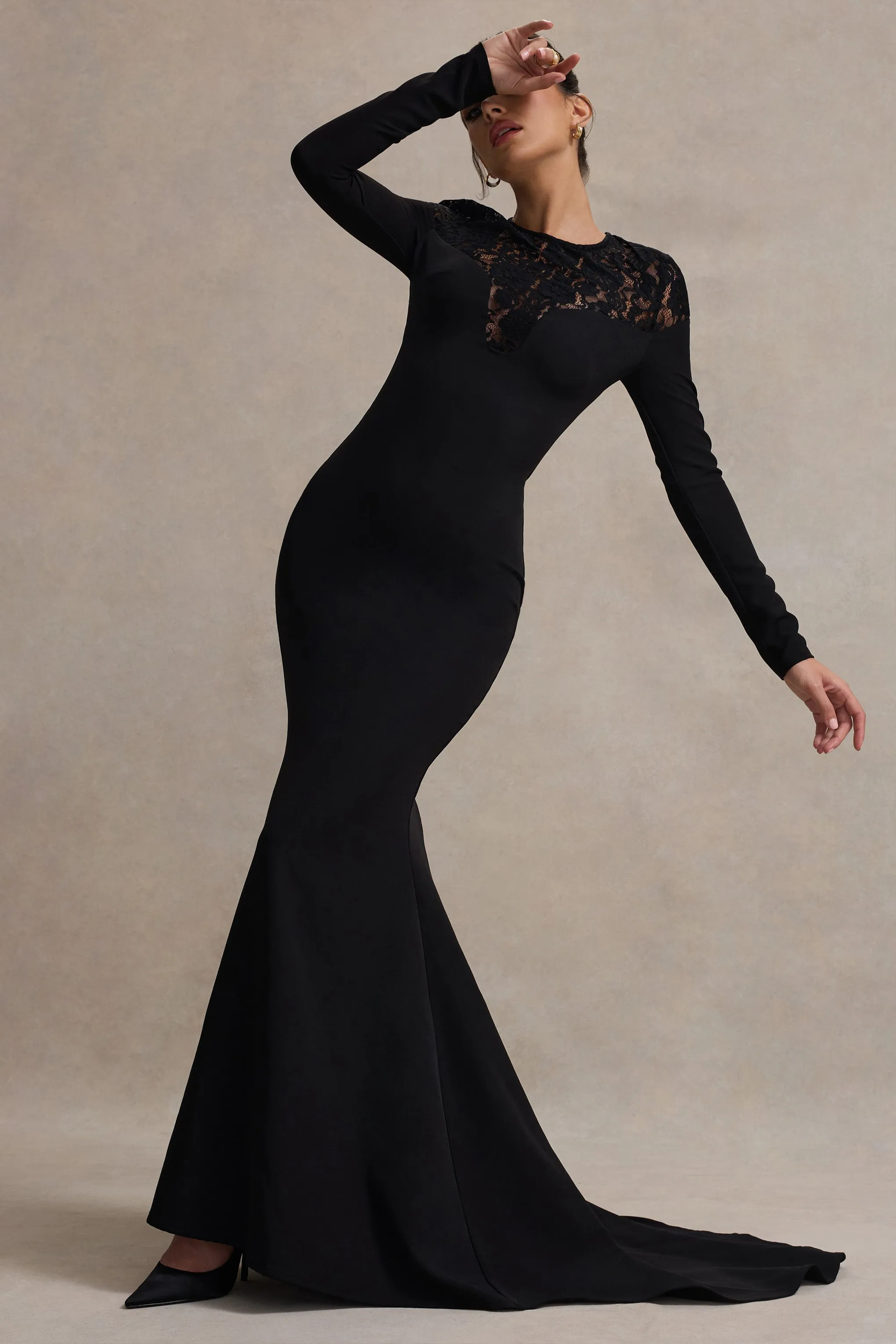 Campbell | Black Long-Sleeve Maxi Dress With Lace Detail sold by Club L London