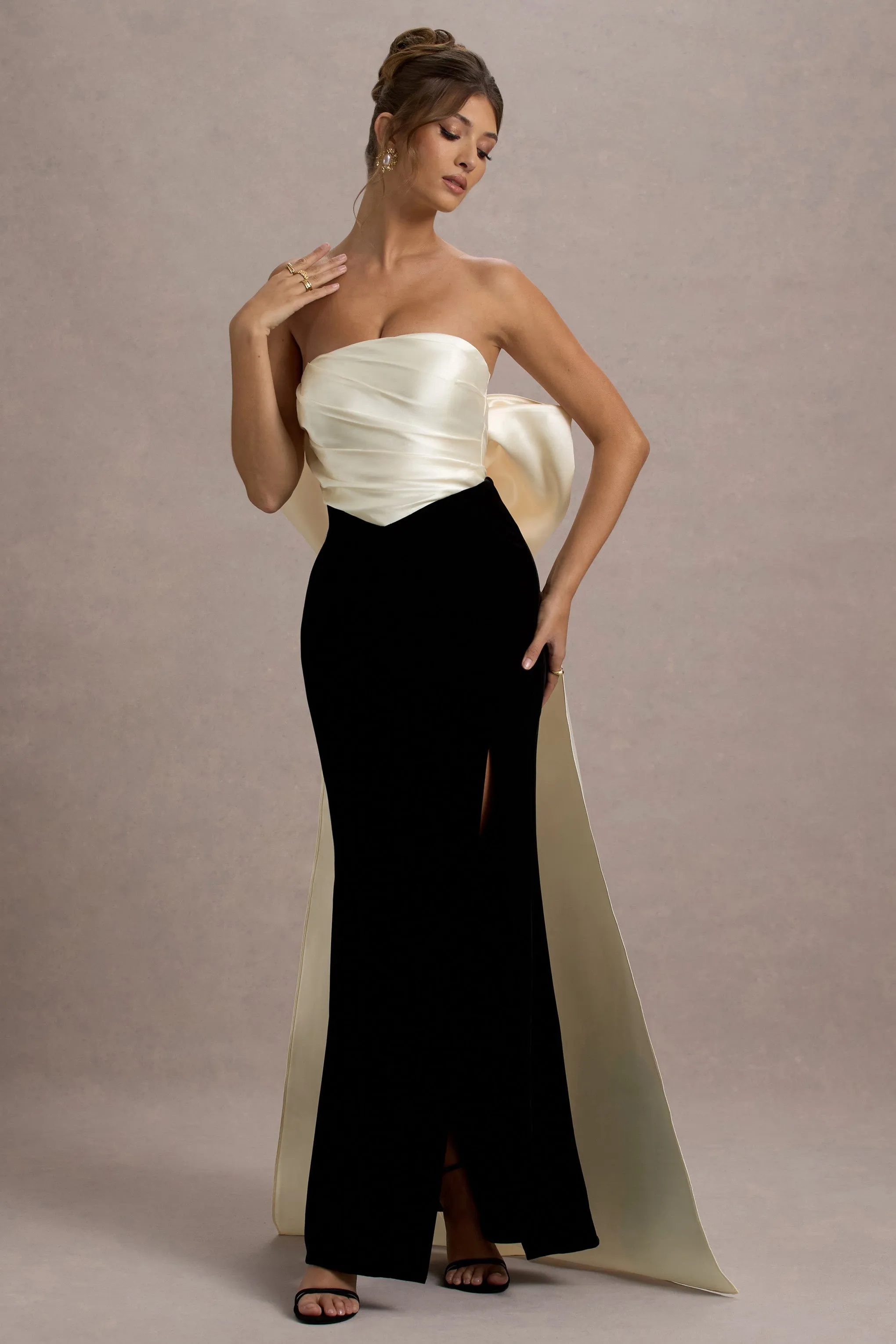 Take A Bow | Black & Cream Velvet Strapless Maxi Dress With Oversized Bow sold by Club L London product image thumbnail 5