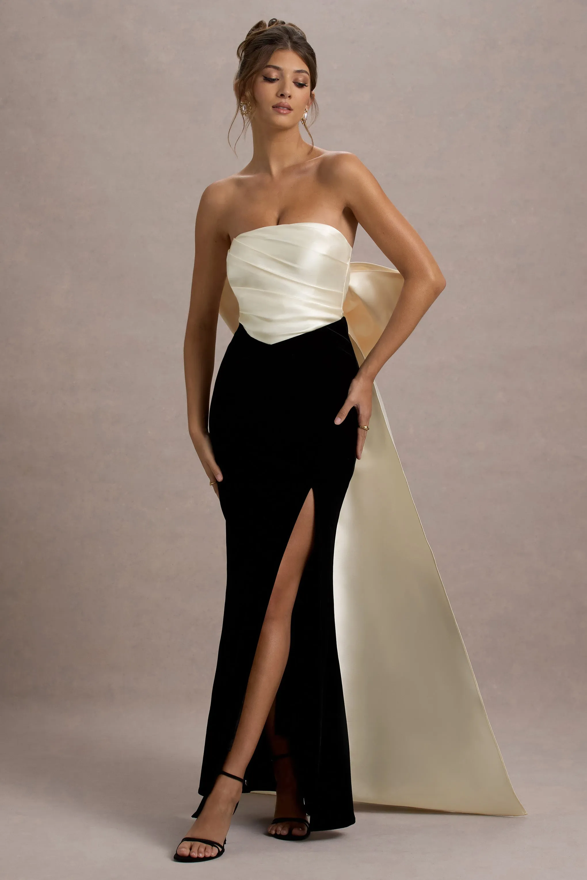 Take A Bow | Black & Cream Velvet Strapless Maxi Dress With Oversized Bow sold by Club L London product image thumbnail 2