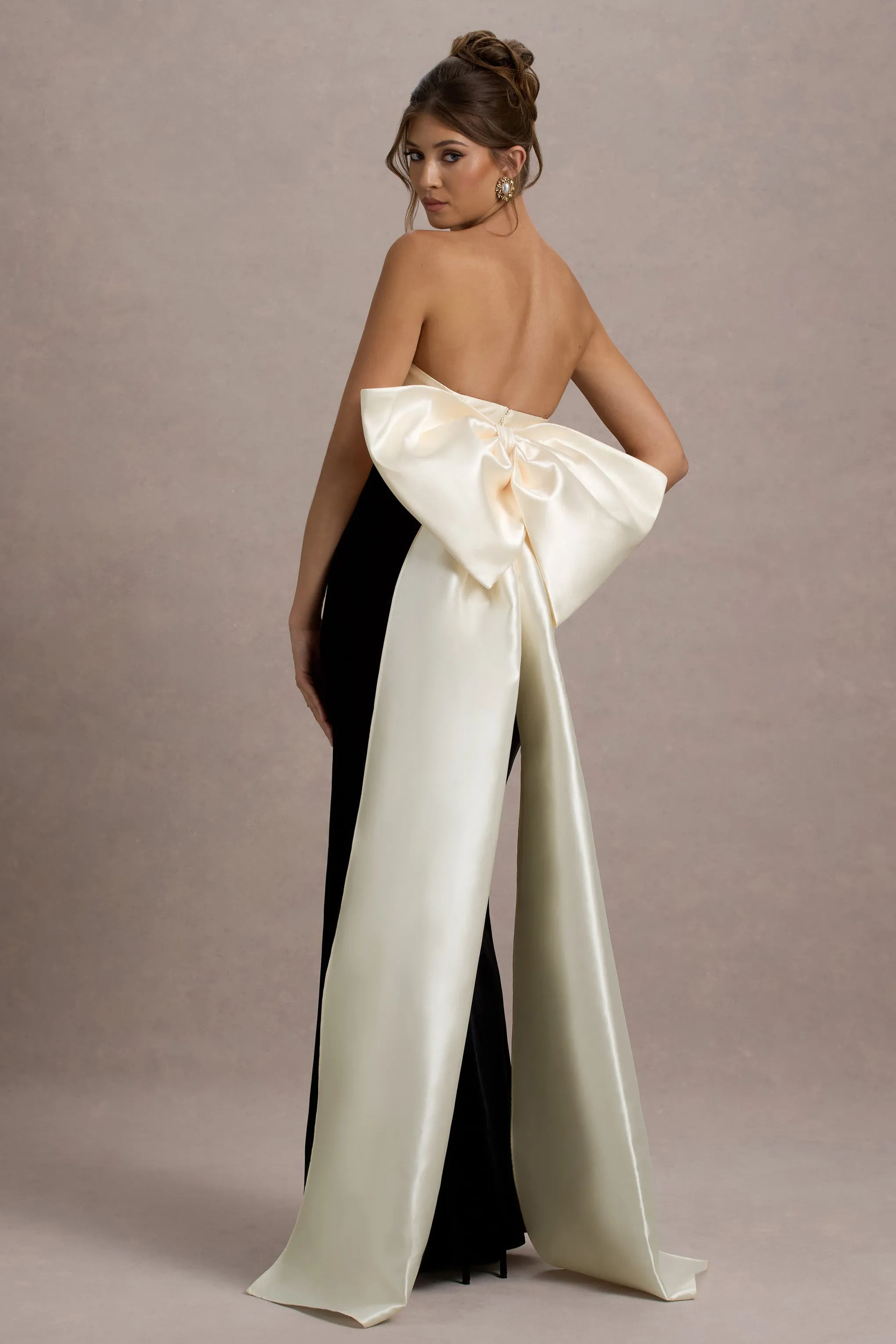 Take A Bow | Black & Cream Velvet Strapless Maxi Dress With Oversized Bow sold by Club L London