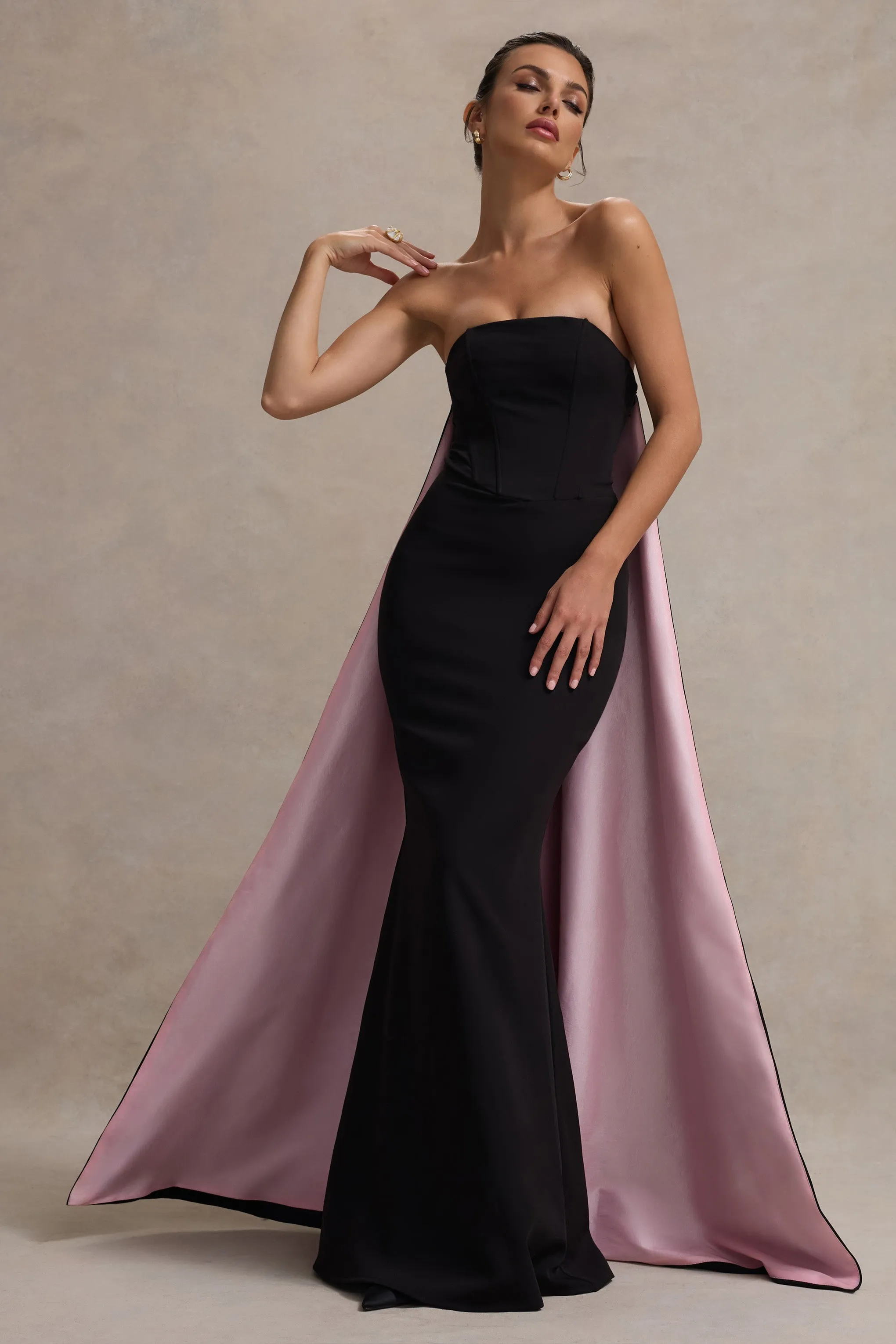 She's Trouble | Black Bandeau Maxi Dress With Pink Cape sold by Club L London product image thumbnail 5