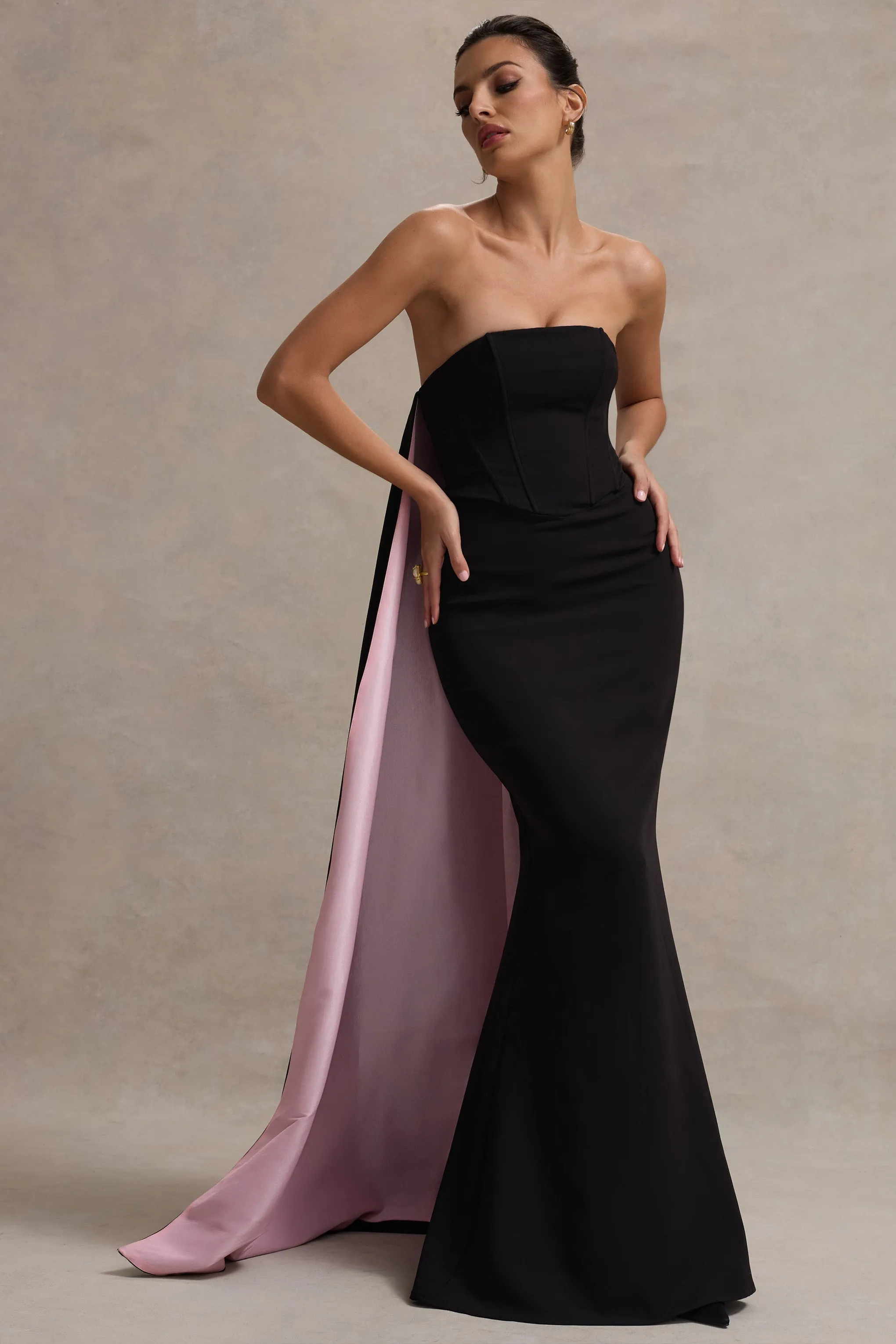 She's Trouble | Black Bandeau Maxi Dress With Pink Cape sold by Club L London product image thumbnail 4