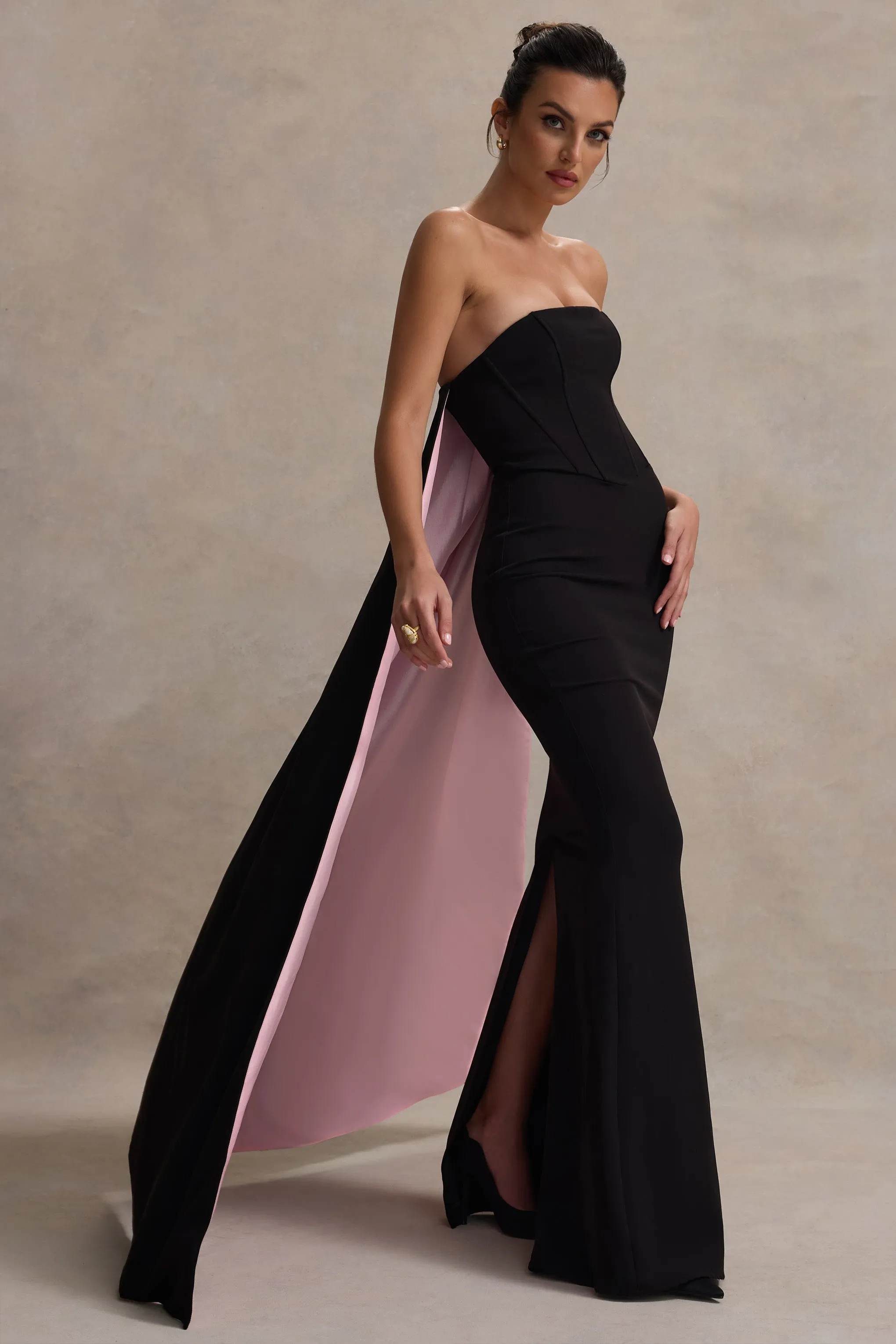 She's Trouble | Black Bandeau Maxi Dress With Pink Cape sold by Club L London