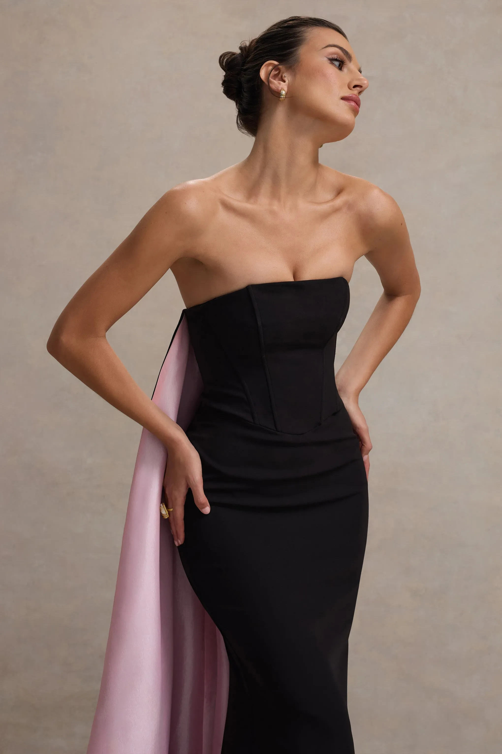 She's Trouble | Black Bandeau Maxi Dress With Pink Cape sold by Club L London product image thumbnail 3