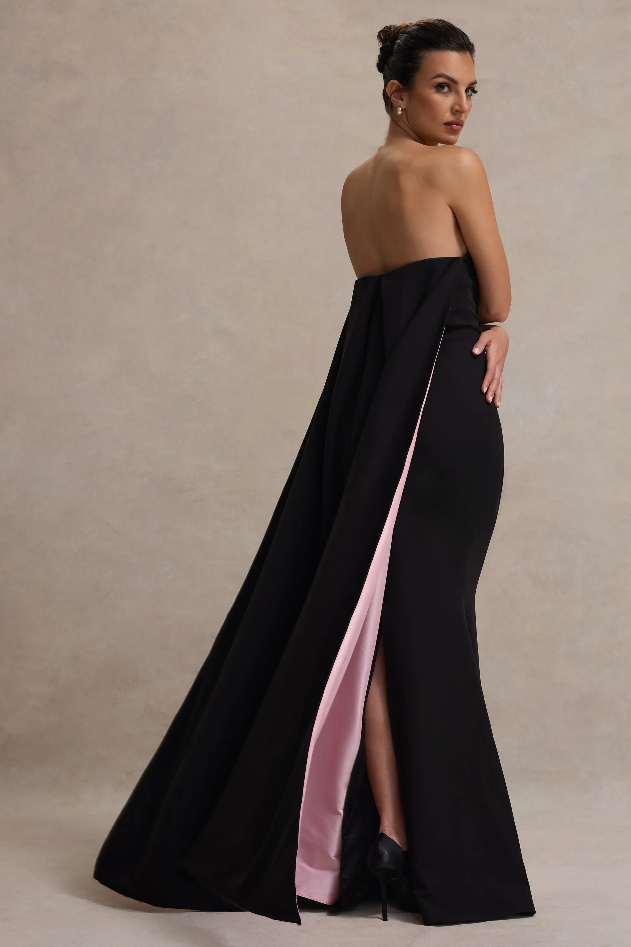 She's Trouble | Black Bandeau Maxi Dress With Pink Cape sold by Club L London product image thumbnail 2