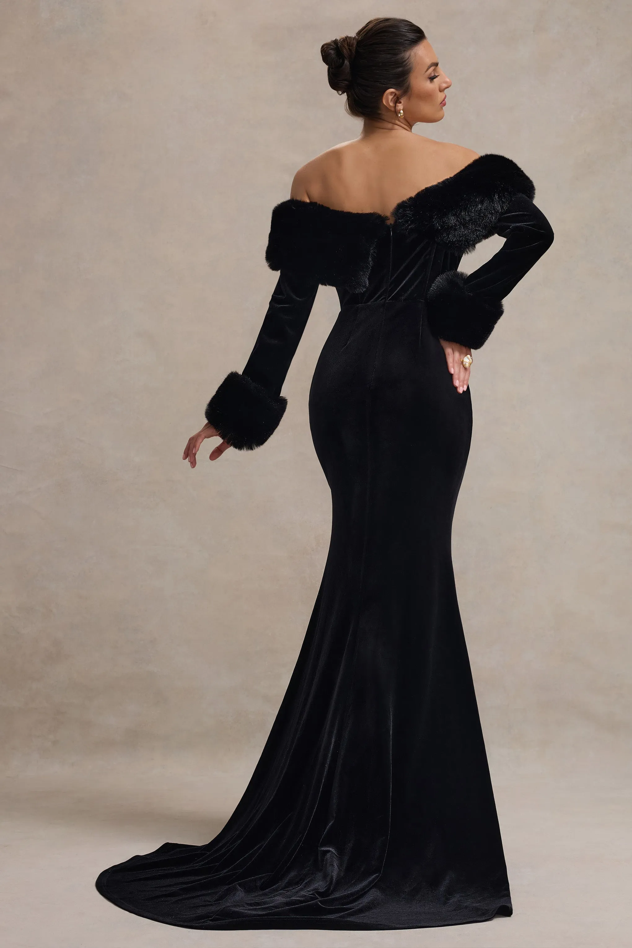 Mystique | Black Bardot Split Maxi Dress With Fur Trims sold by Club L London product image thumbnail 2
