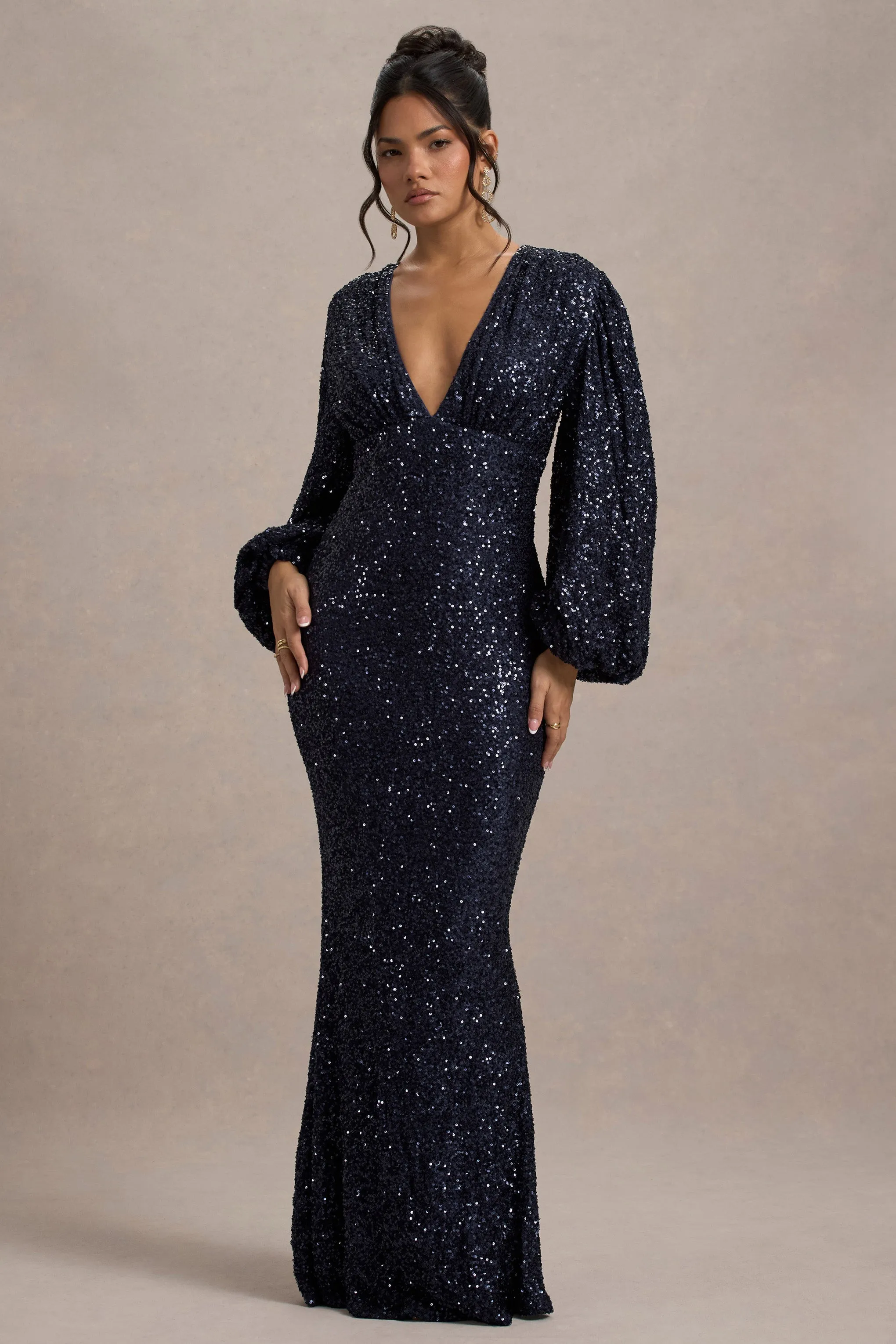 Kaelin | Navy Sequin Plunge-Neck Maxi Dress sold by Club L London