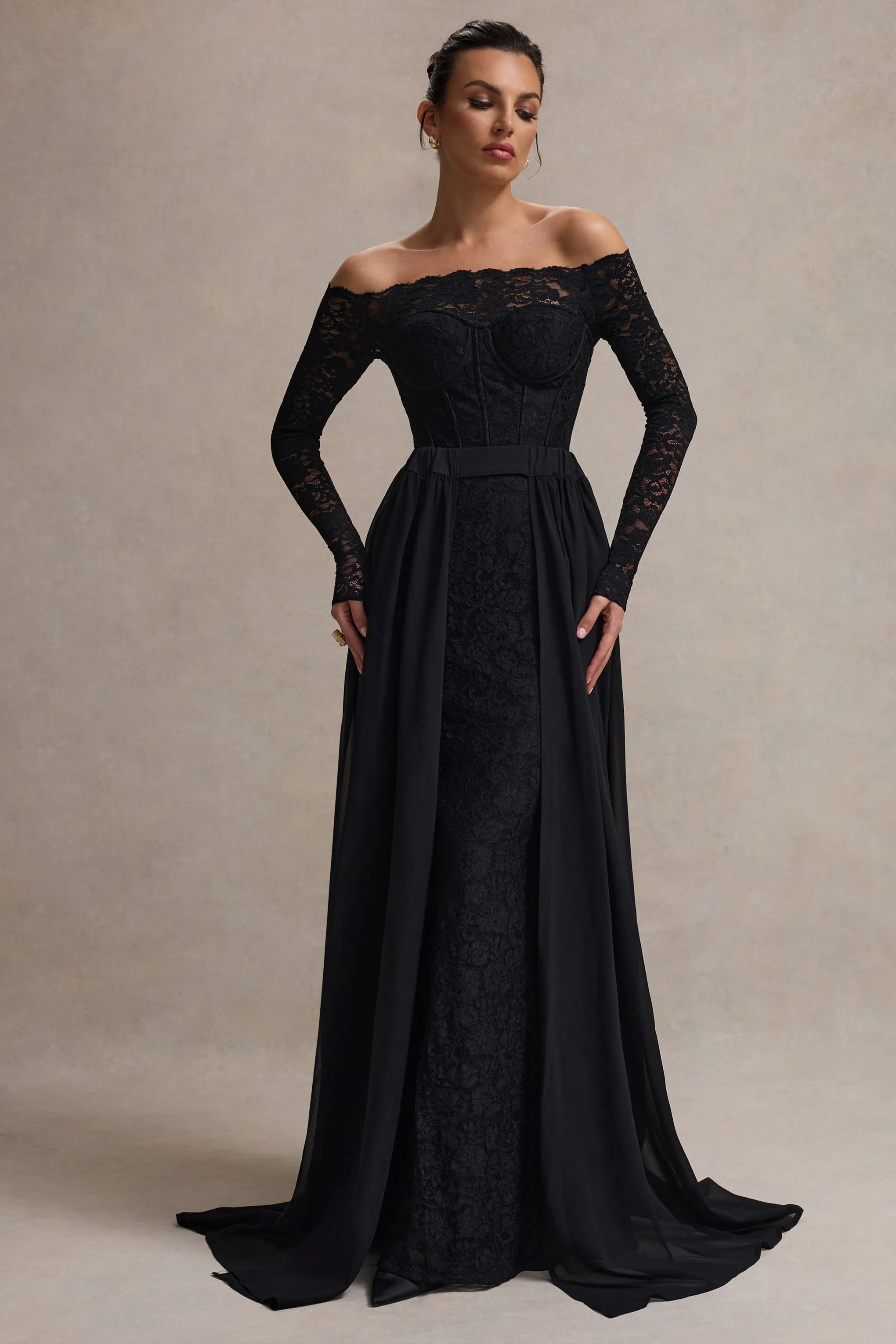 Astoria | Black Lace Bardot Maxi Dress With Chiffon Skirt sold by Club L London product image thumbnail 5