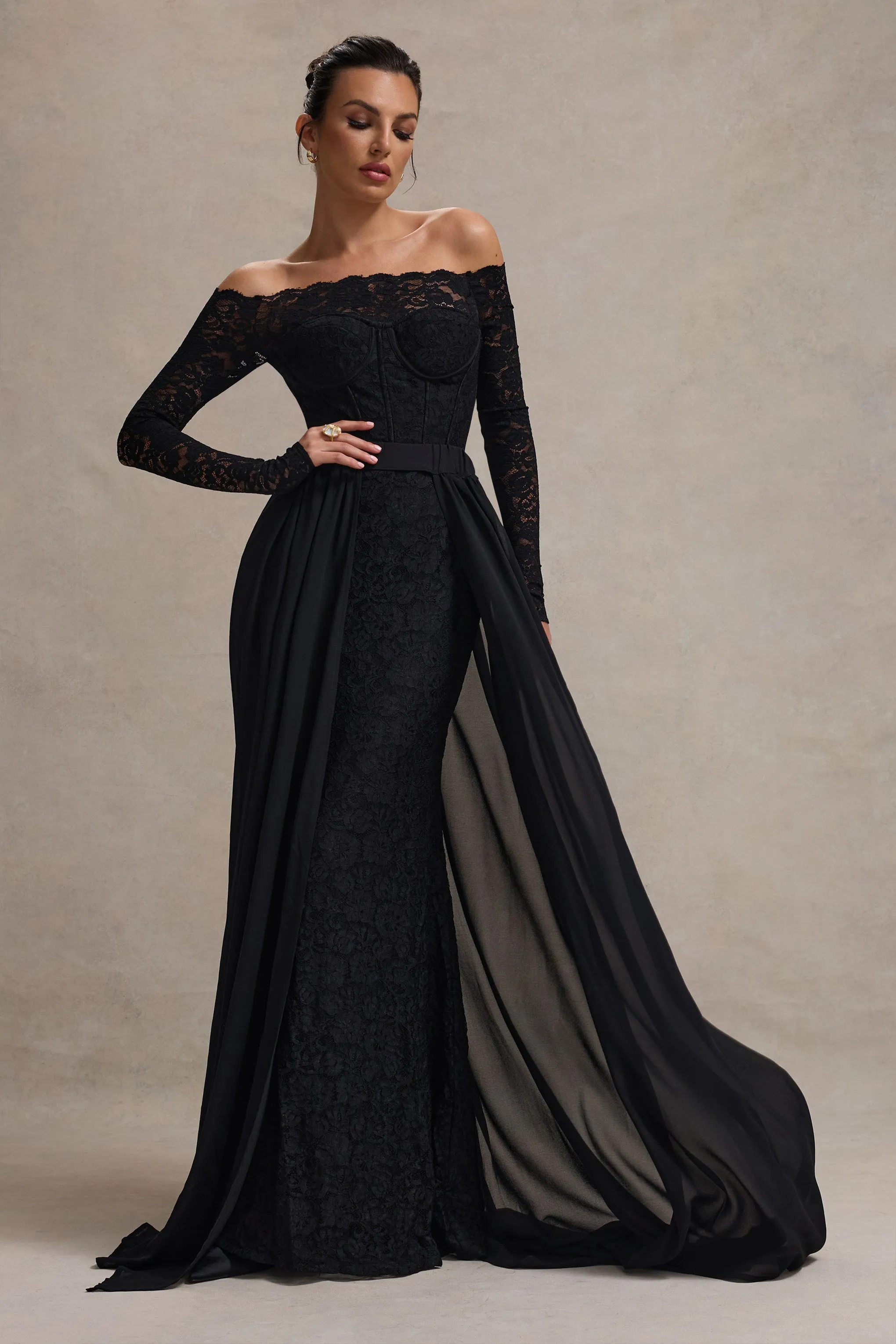 Astoria | Black Lace Bardot Maxi Dress With Chiffon Skirt sold by Club L London