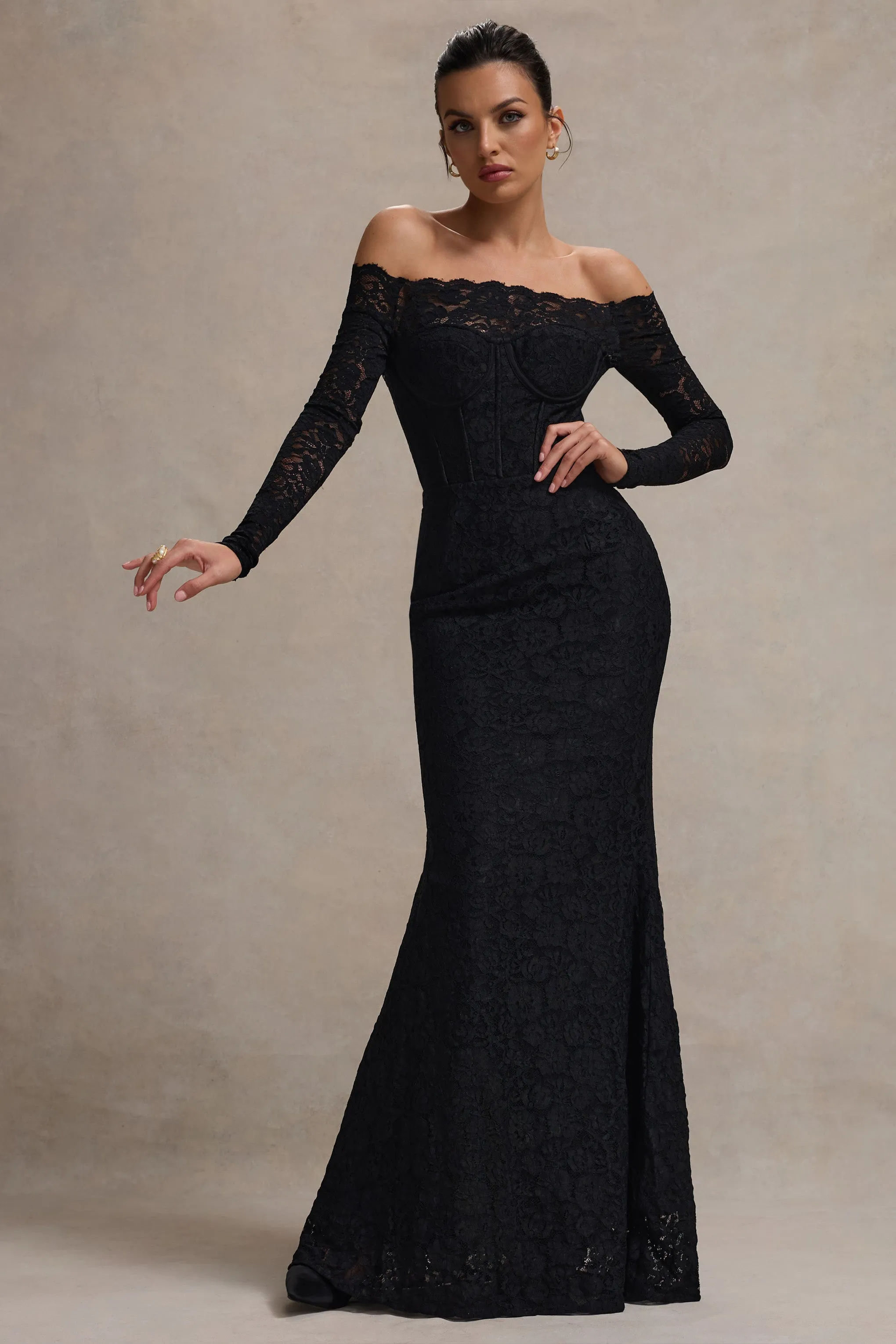 Astoria | Black Lace Bardot Maxi Dress With Chiffon Skirt sold by Club L London product image thumbnail 4