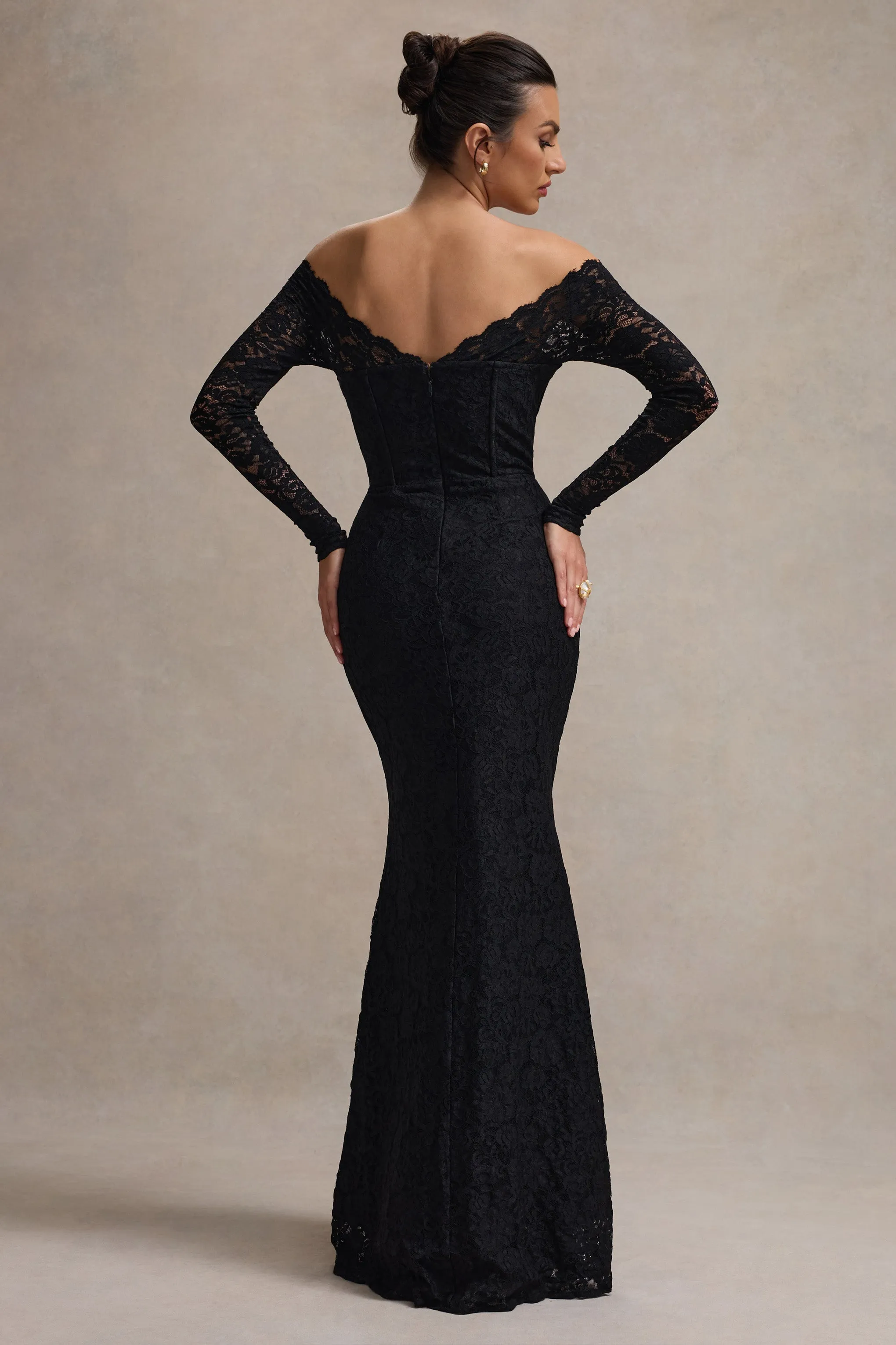 Astoria | Black Lace Bardot Maxi Dress With Chiffon Skirt sold by Club L London product image thumbnail 2
