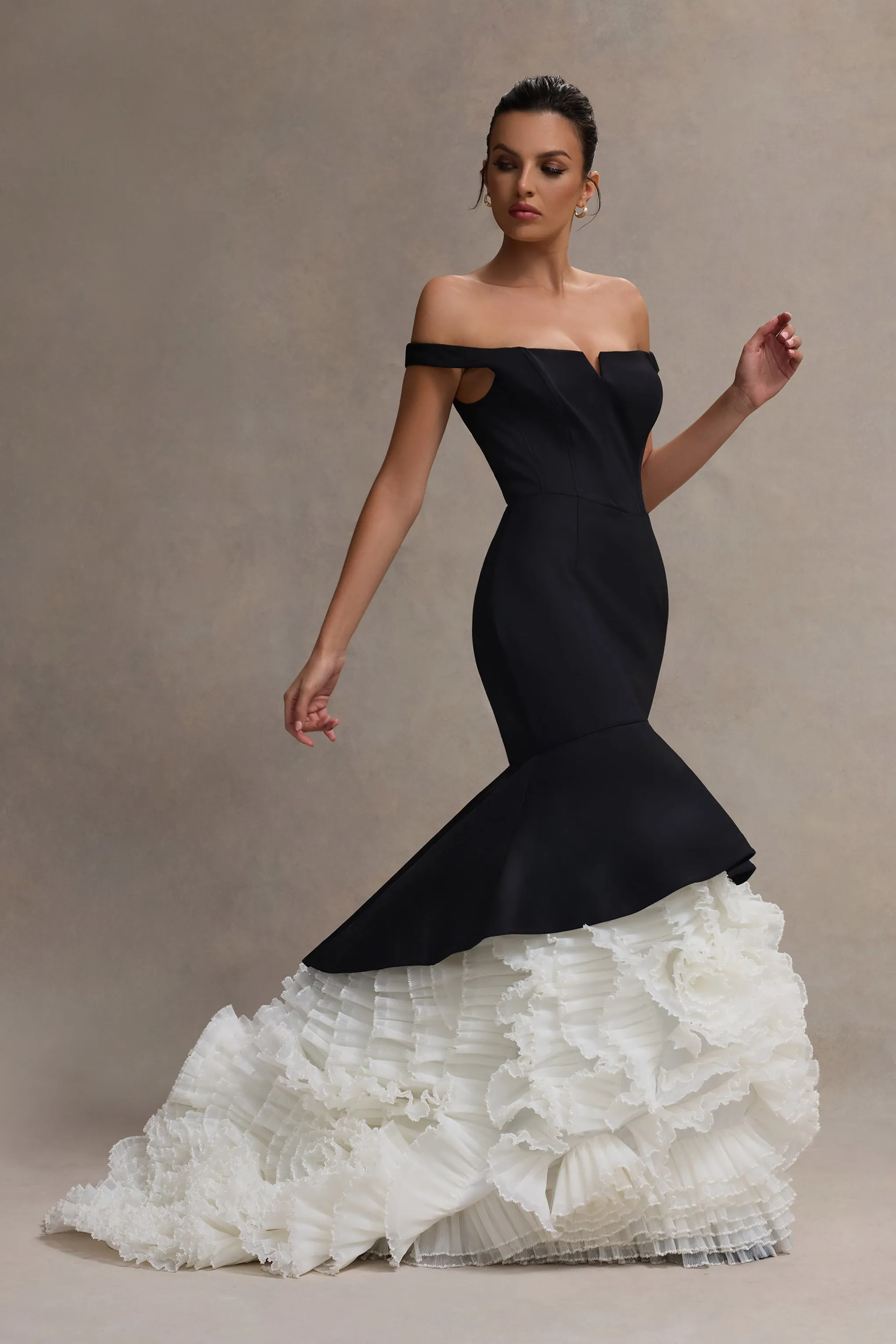 The Greatest | Black & Cream Bardot Maxi Dress With Tulle Skirt sold by Club L London product image thumbnail 2