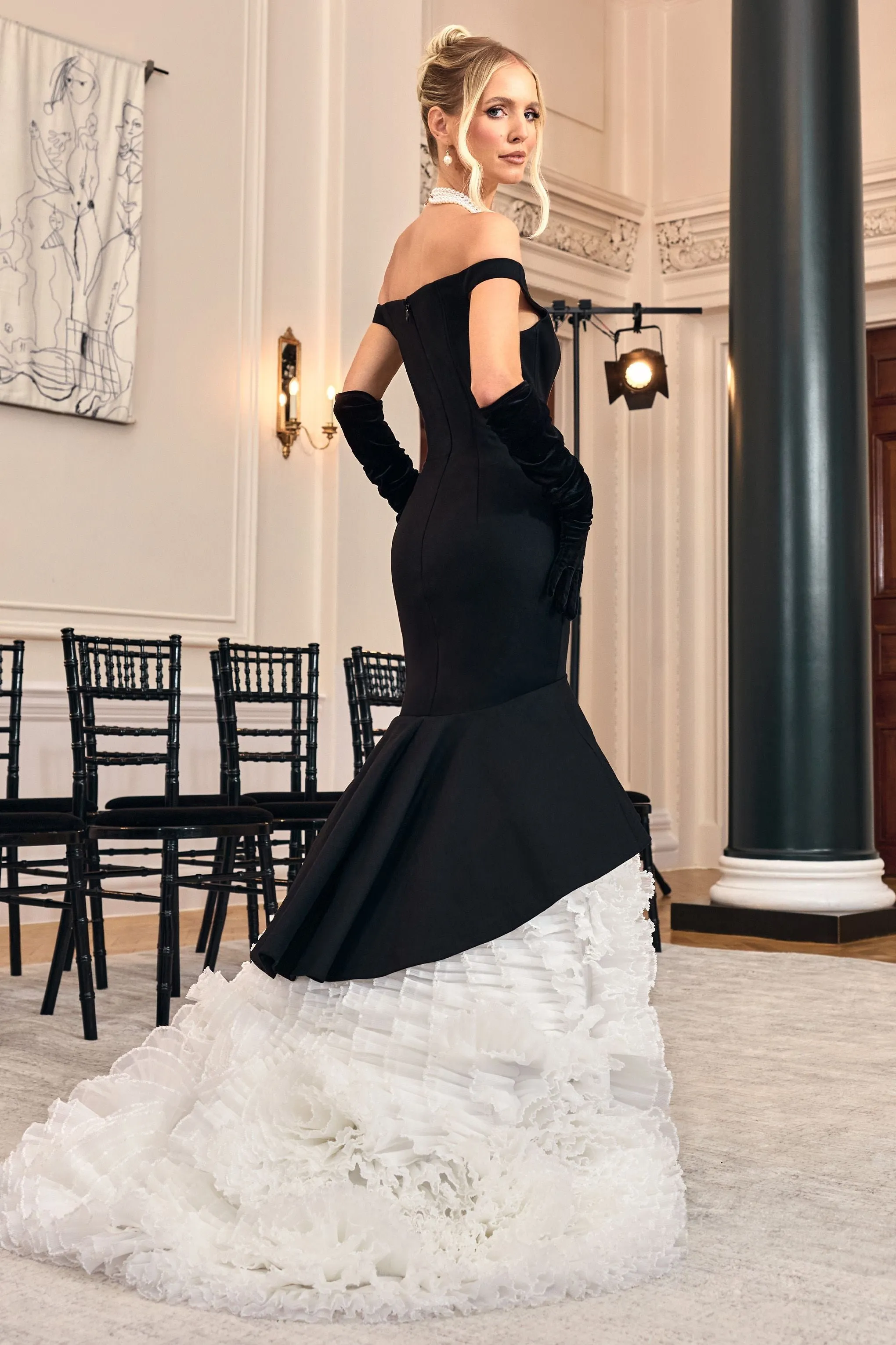 The Greatest | Black & Cream Bardot Maxi Dress With Tulle Skirt sold by Club L London