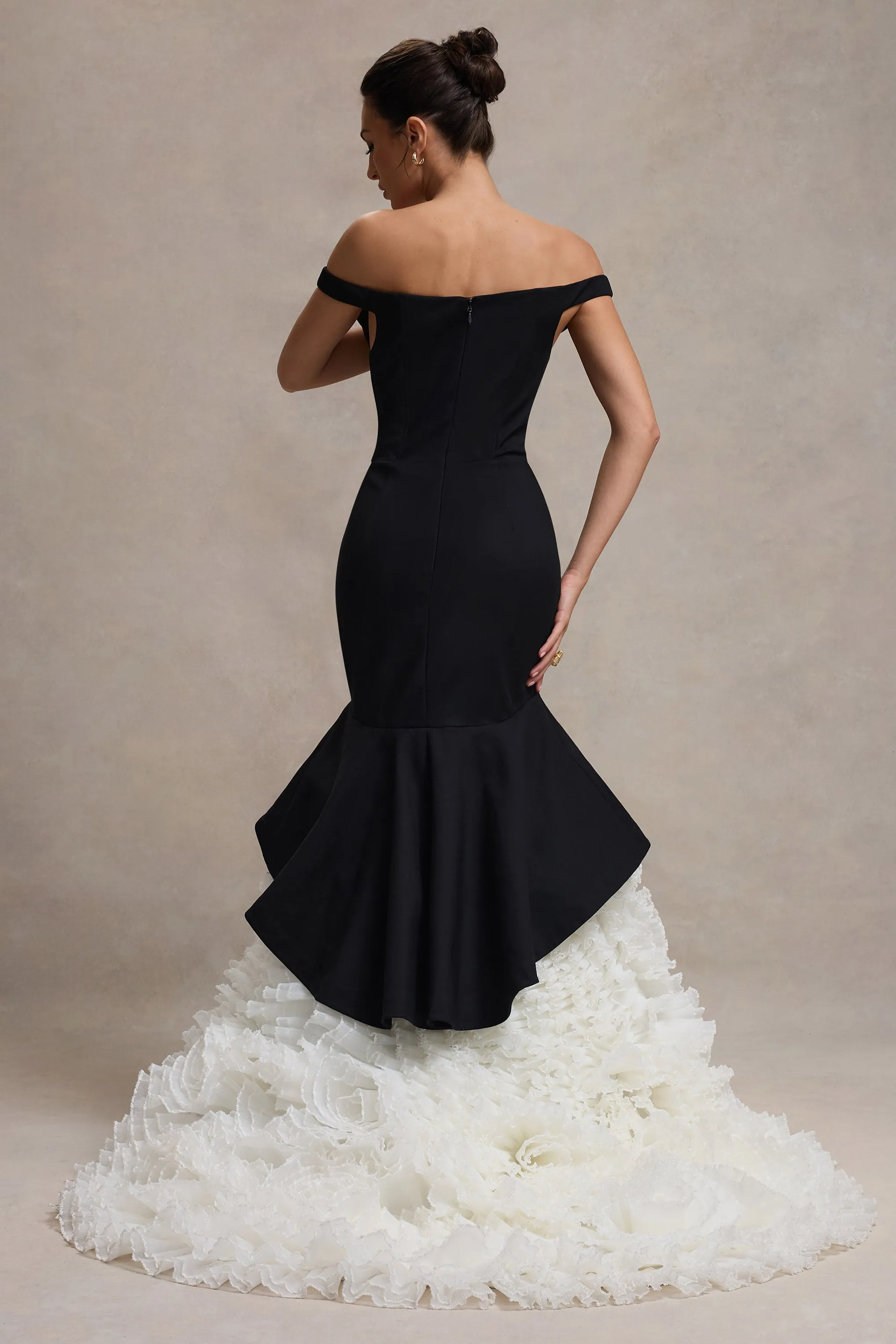 The Greatest | Black & Cream Bardot Maxi Dress With Tulle Skirt sold by Club L London product image thumbnail 3