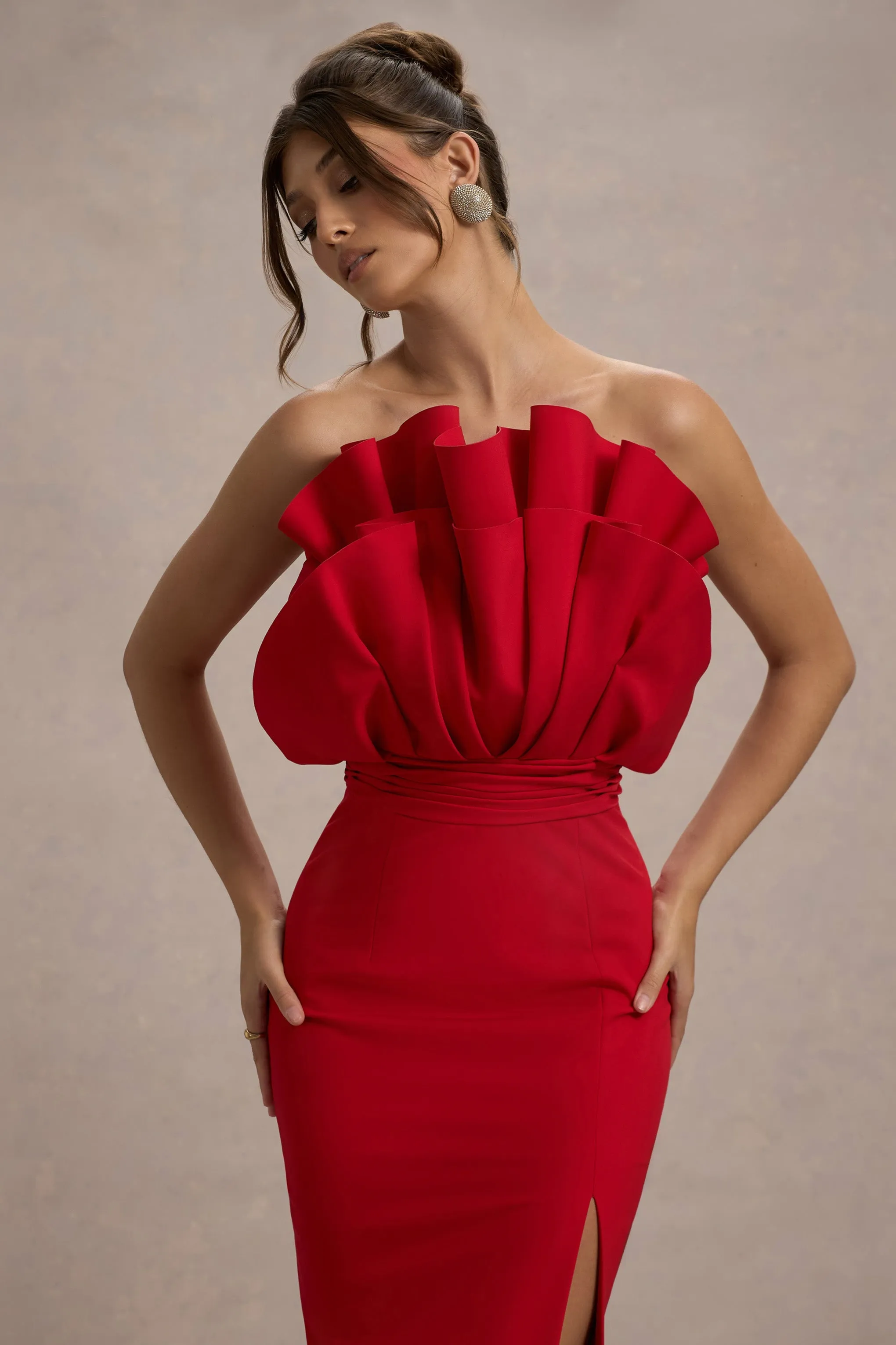 Set The Bar | Red Ruffled Strapless Split Maxi Dress sold by Club L London product image thumbnail 3