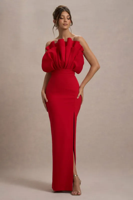Set The Bar | Red Ruffled Strapless Split Maxi Dress sold by Club L London
