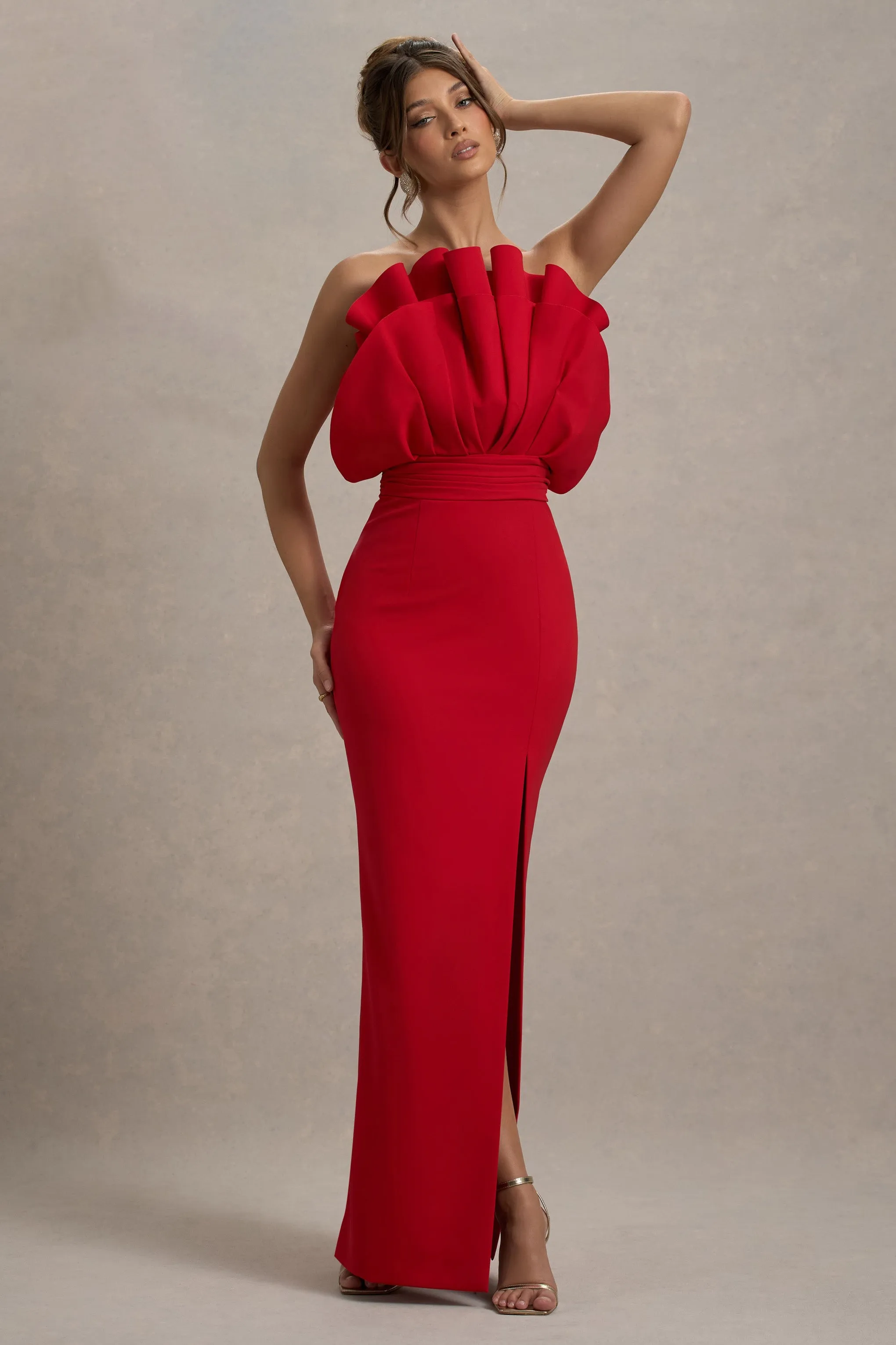 Set The Bar | Red Ruffled Strapless Split Maxi Dress sold by Club L London product image thumbnail 4