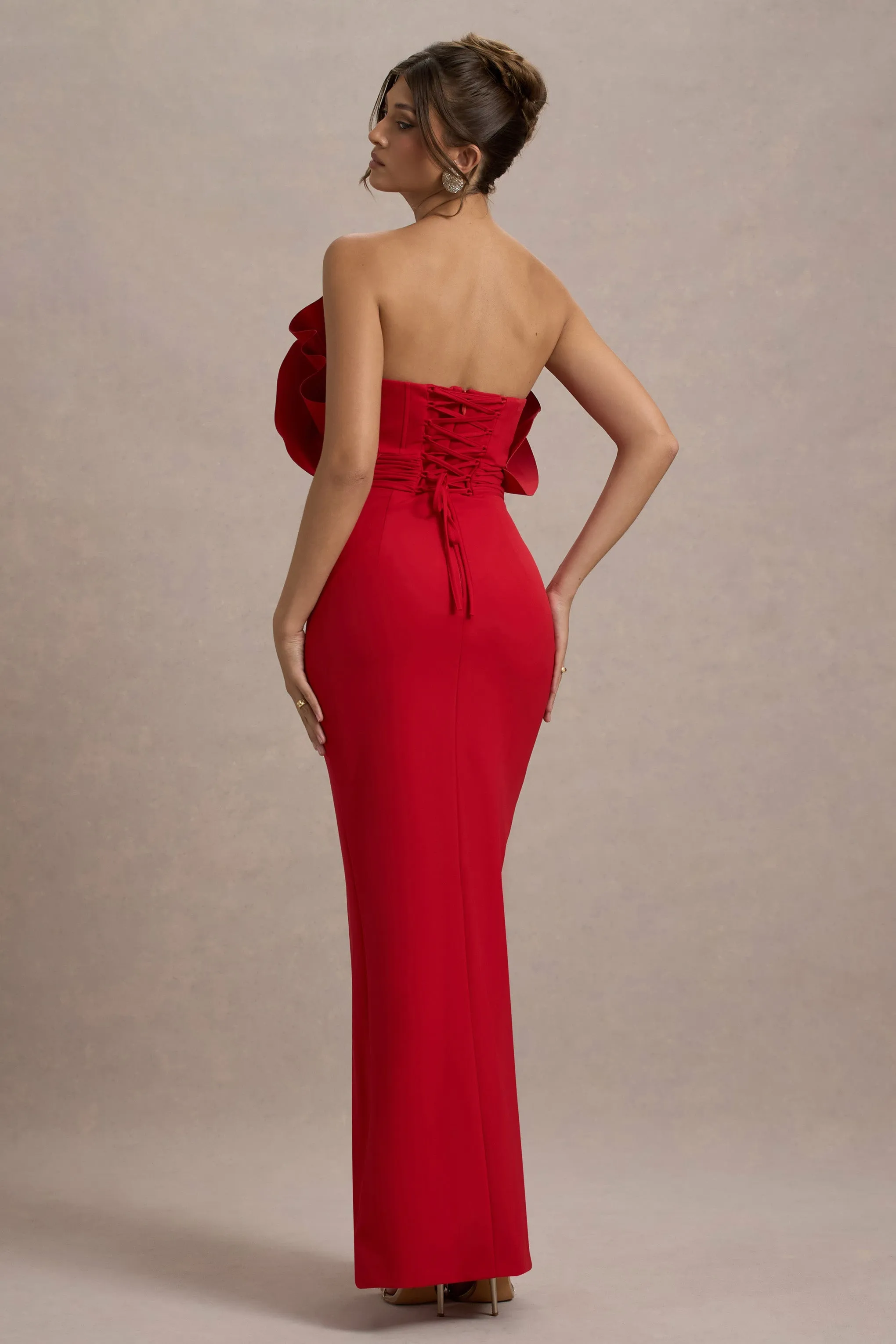 Set The Bar | Red Ruffled Strapless Split Maxi Dress sold by Club L London product image thumbnail 2