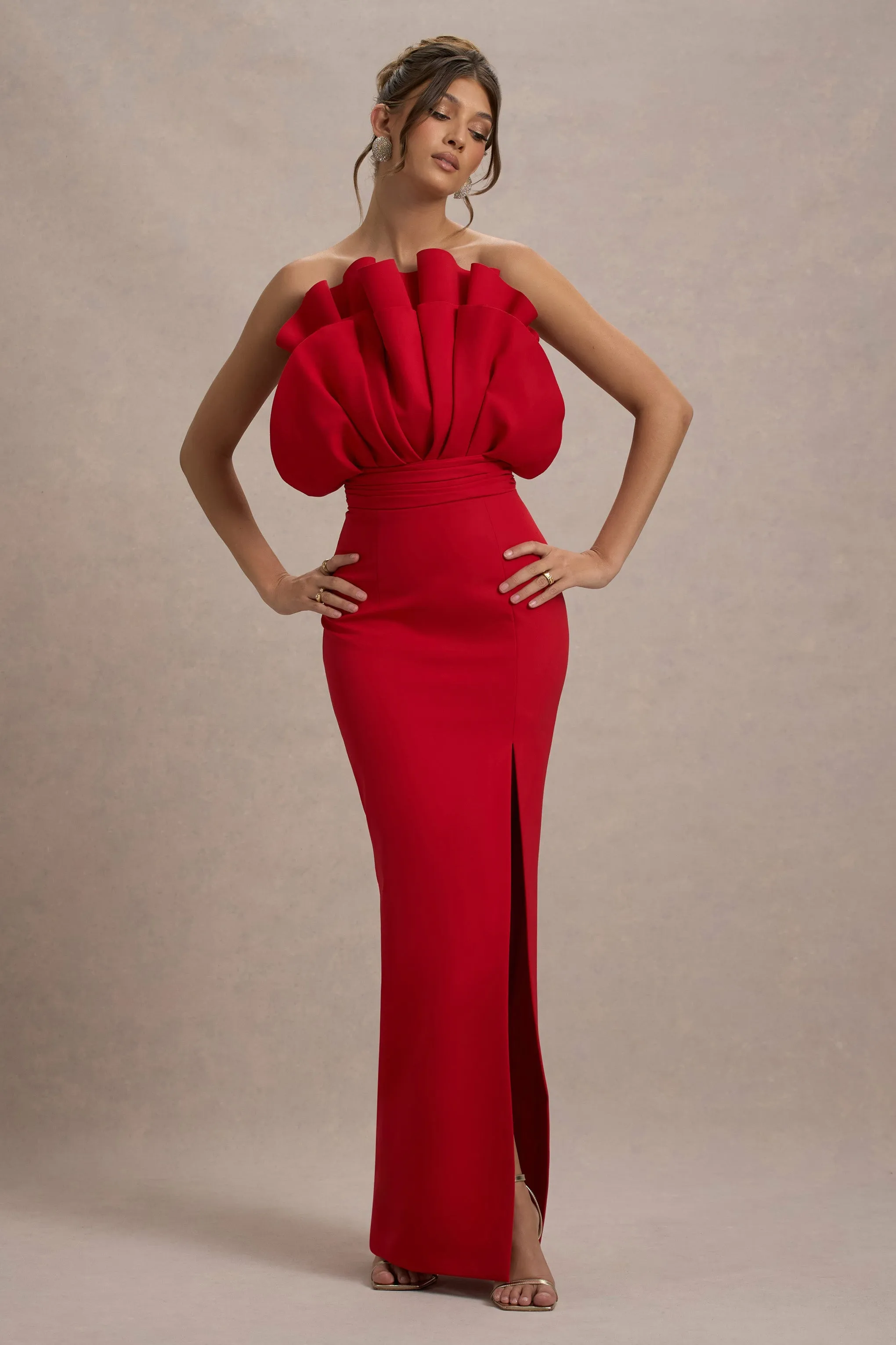 Set The Bar | Red Ruffled Strapless Split Maxi Dress sold by Club L London product image thumbnail 5
