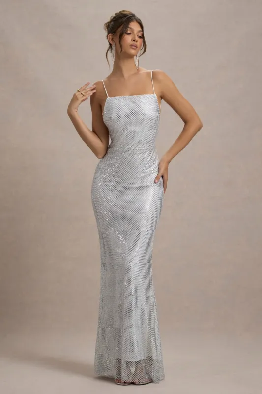Quartz | Silver Embellished Square-Neck Open-Back Maxi Dress sold by Club L London