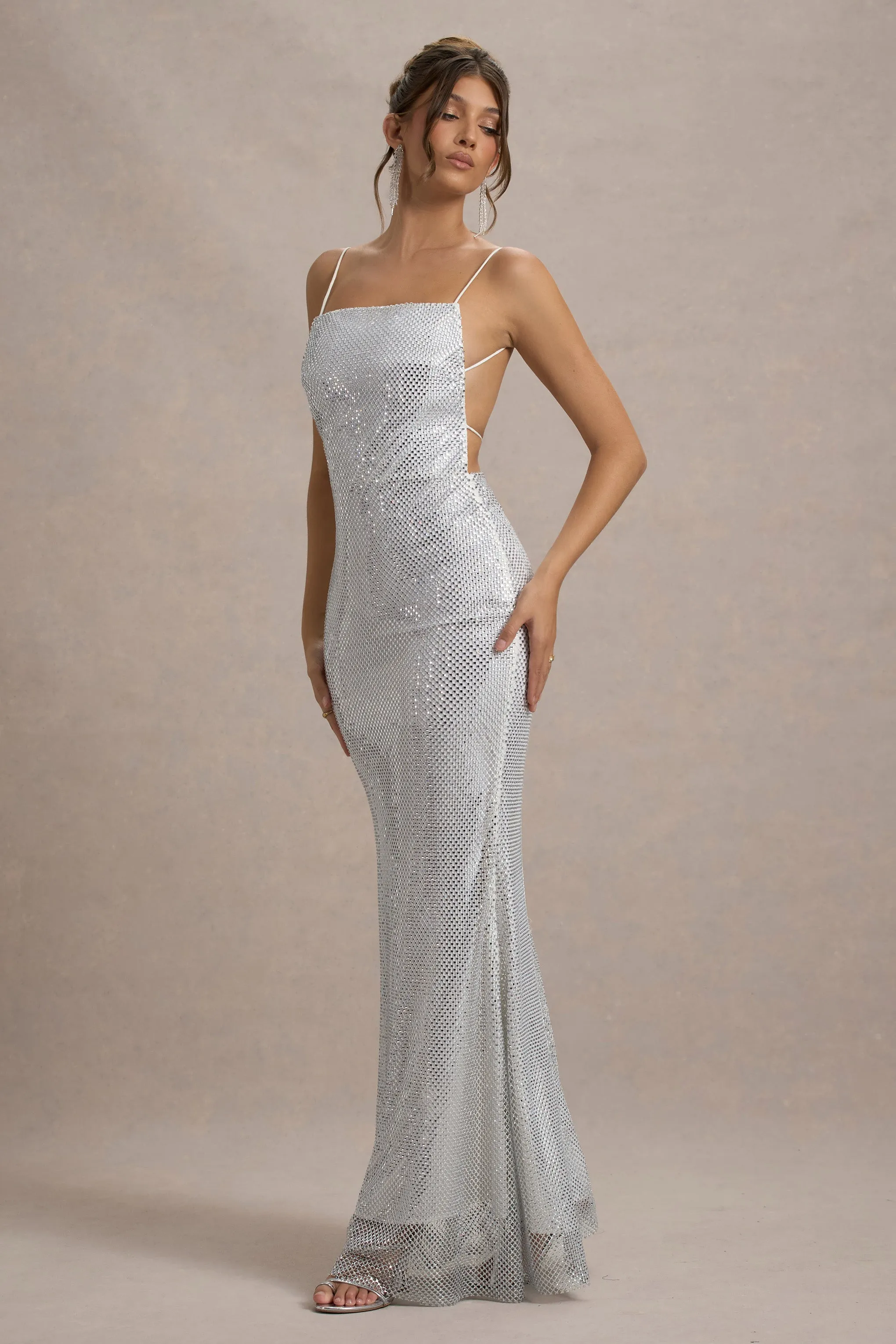 Quartz | Silver Embellished Square-Neck Open-Back Maxi Dress sold by Club L London product image thumbnail 4