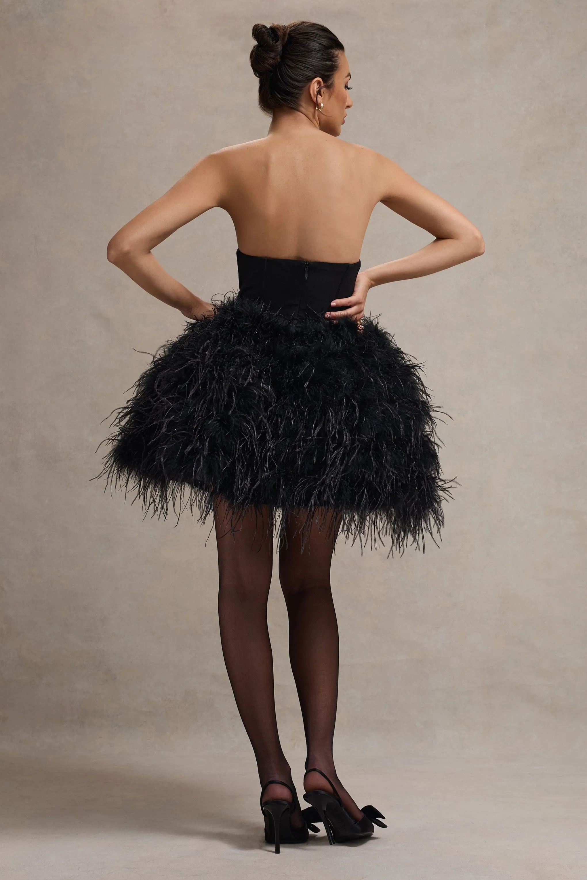 Peaches | Black Strapless Mini Dress With Volume Feather Hem sold by Club L London product image thumbnail 2