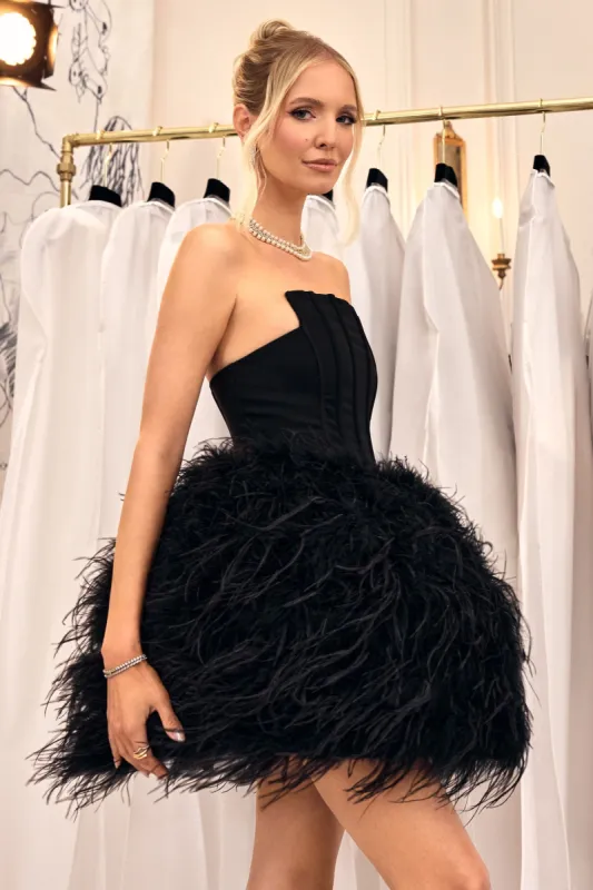Peaches | Black Strapless Mini Dress With Volume Feather Hem sold by Club L London
