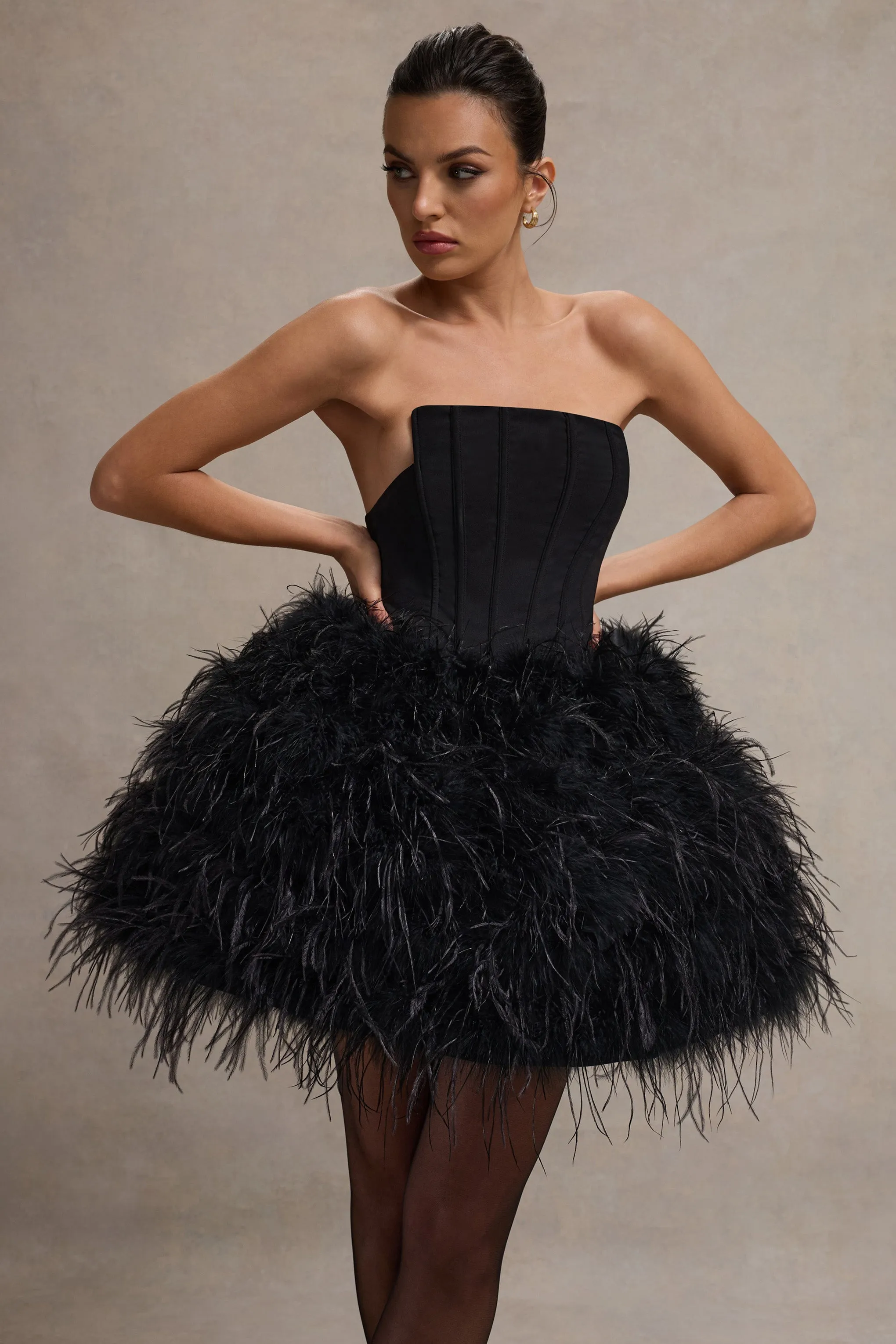Peaches | Black Strapless Mini Dress With Volume Feather Hem sold by Club L London product image thumbnail 3
