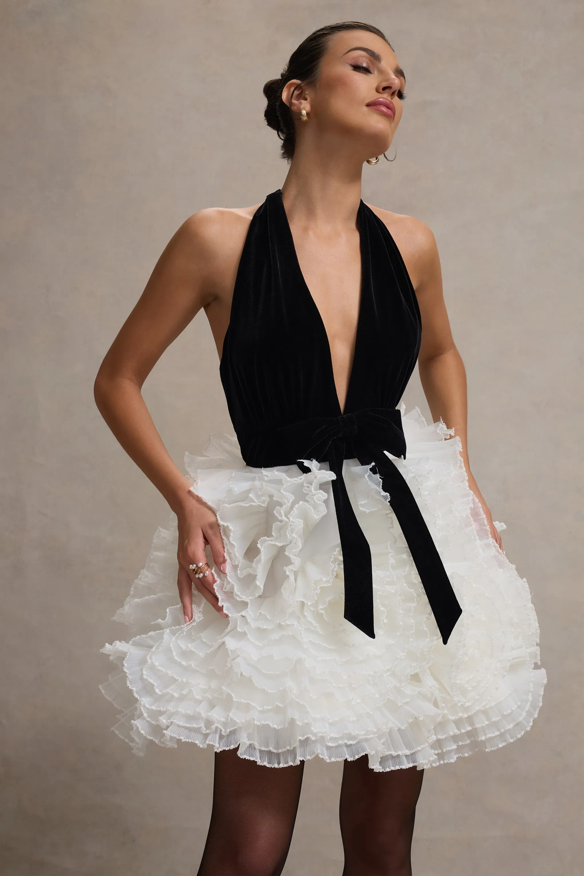 Meringue | Black Velvet Plunge-Neck Mini Dress With Tulle Skirt sold by Club L London product image thumbnail 3