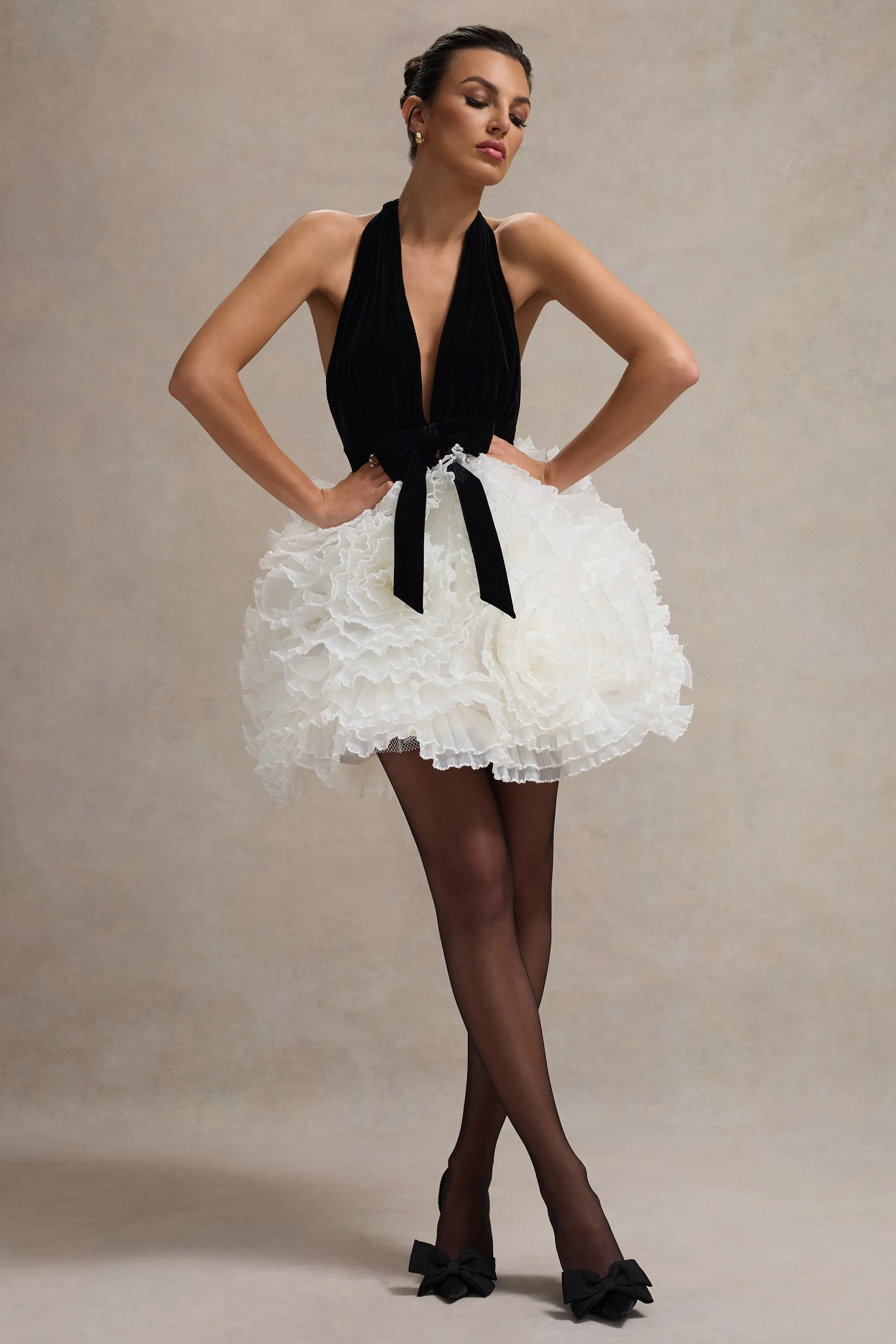 Meringue | Black Velvet Plunge-Neck Mini Dress With Tulle Skirt sold by Club L London product image thumbnail 5