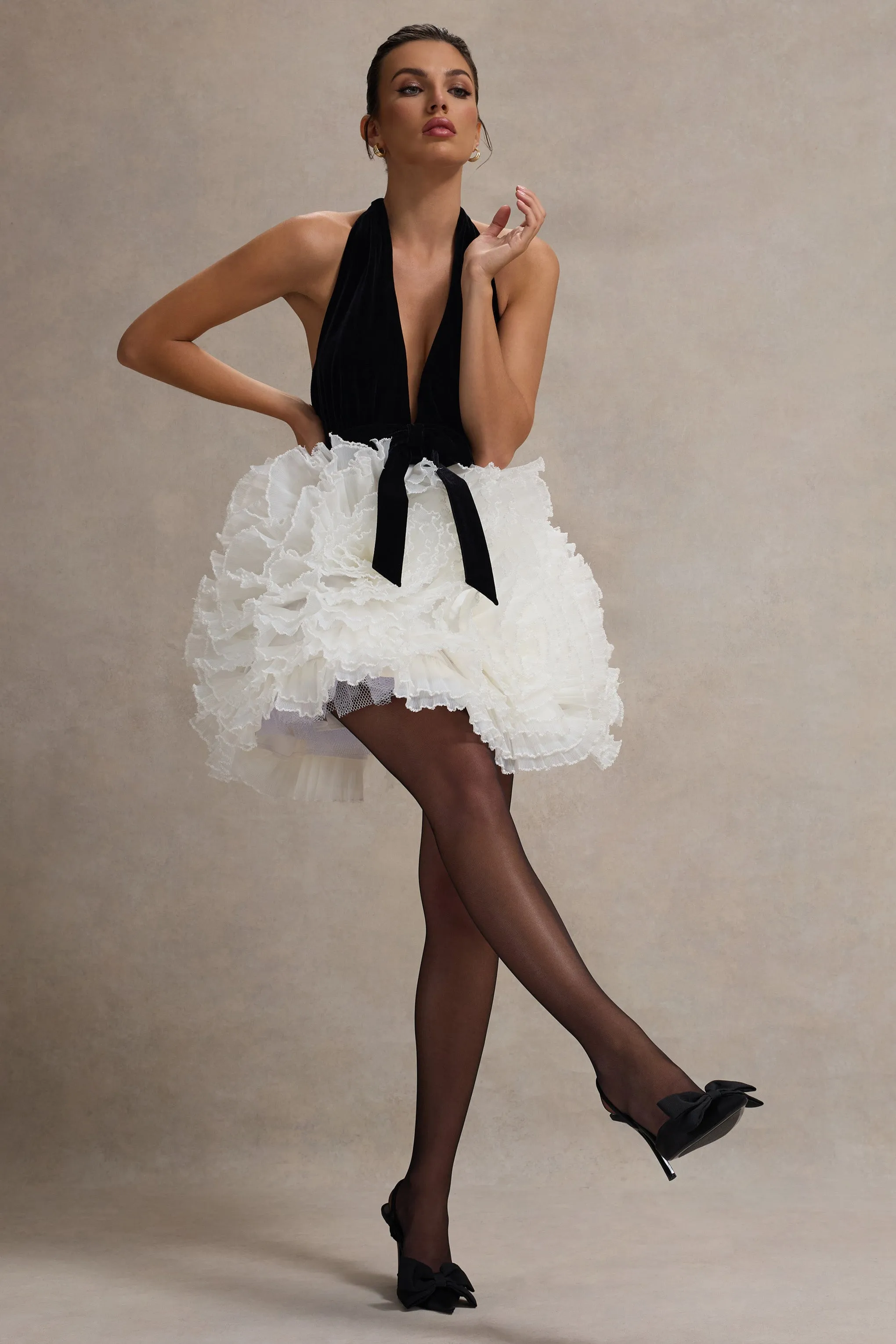 Meringue | Black Velvet Plunge-Neck Mini Dress With Tulle Skirt sold by Club L London product image thumbnail 4