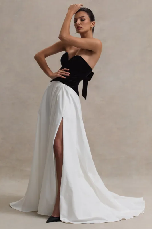 Lucienne | Black & Cream Sweetheart Corset Split Maxi Dress made by Club L London