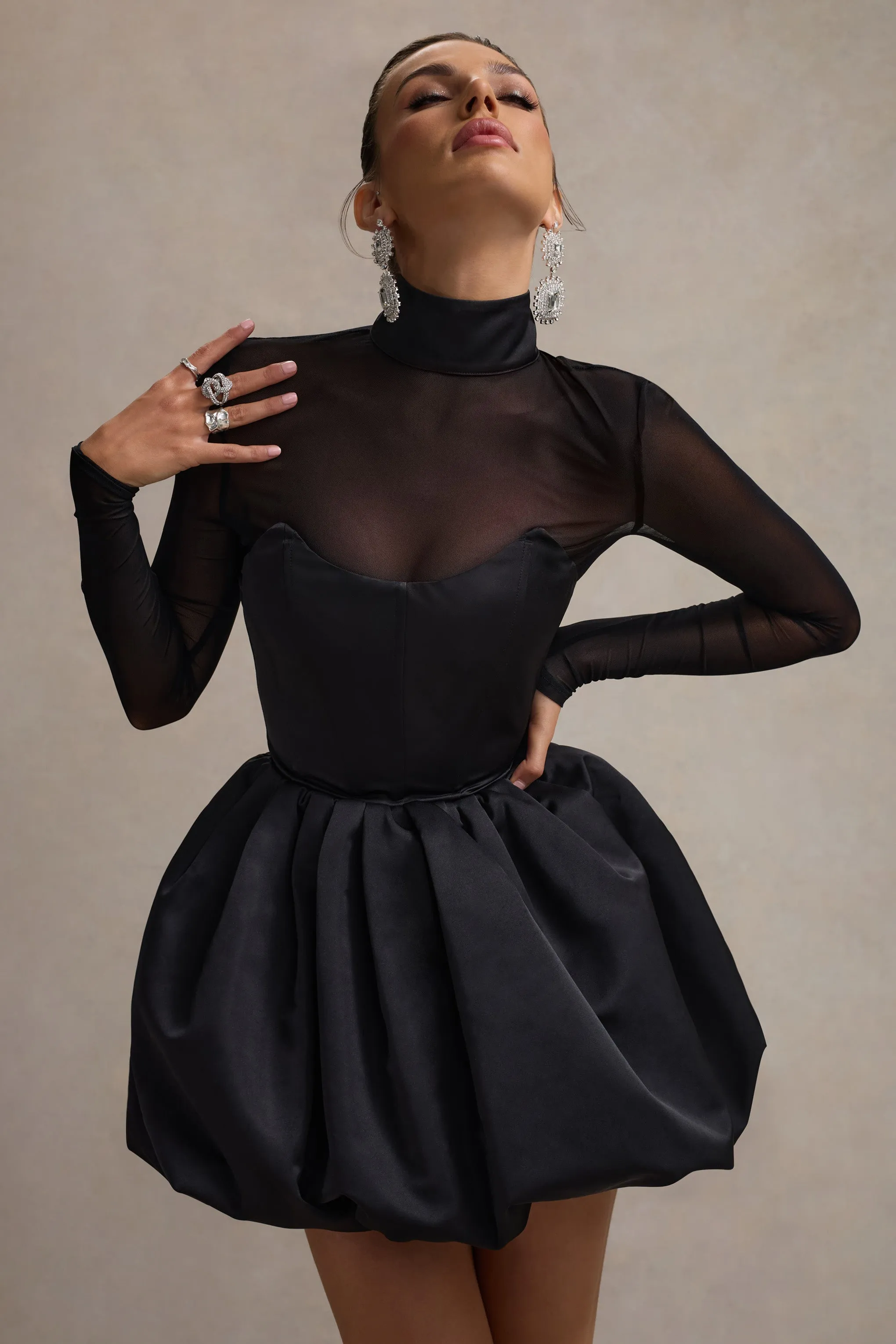 Jupiter | Black Satin High-Neck Mini Dress With Sheer Sleeves sold by Club L London product image thumbnail 3