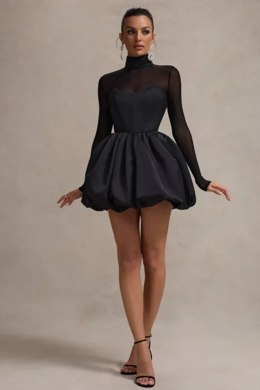 Jupiter | Black Satin High-Neck Mini Dress With Sheer Sleeves sold by Club L London
