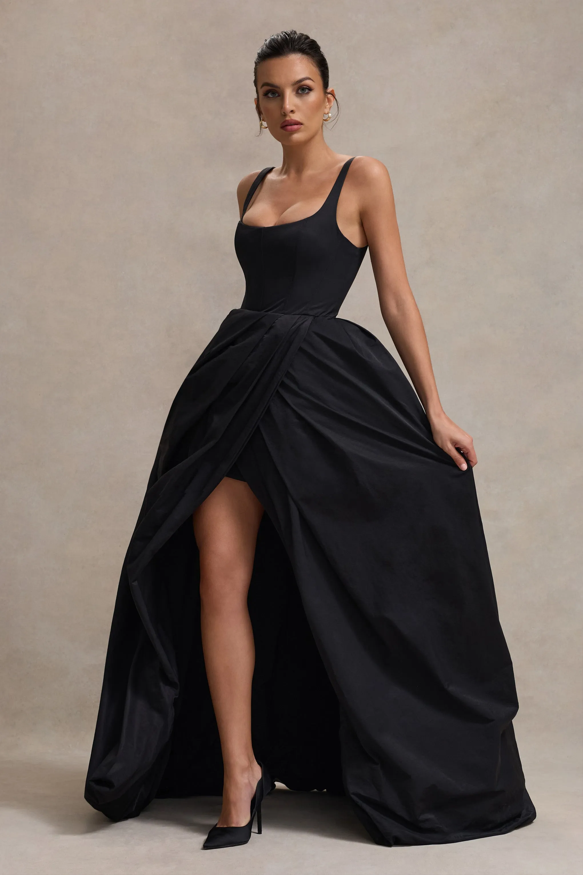 Infinite | Black Strappy Maxi Dress With Volume High-Low Skirt sold by Club L London