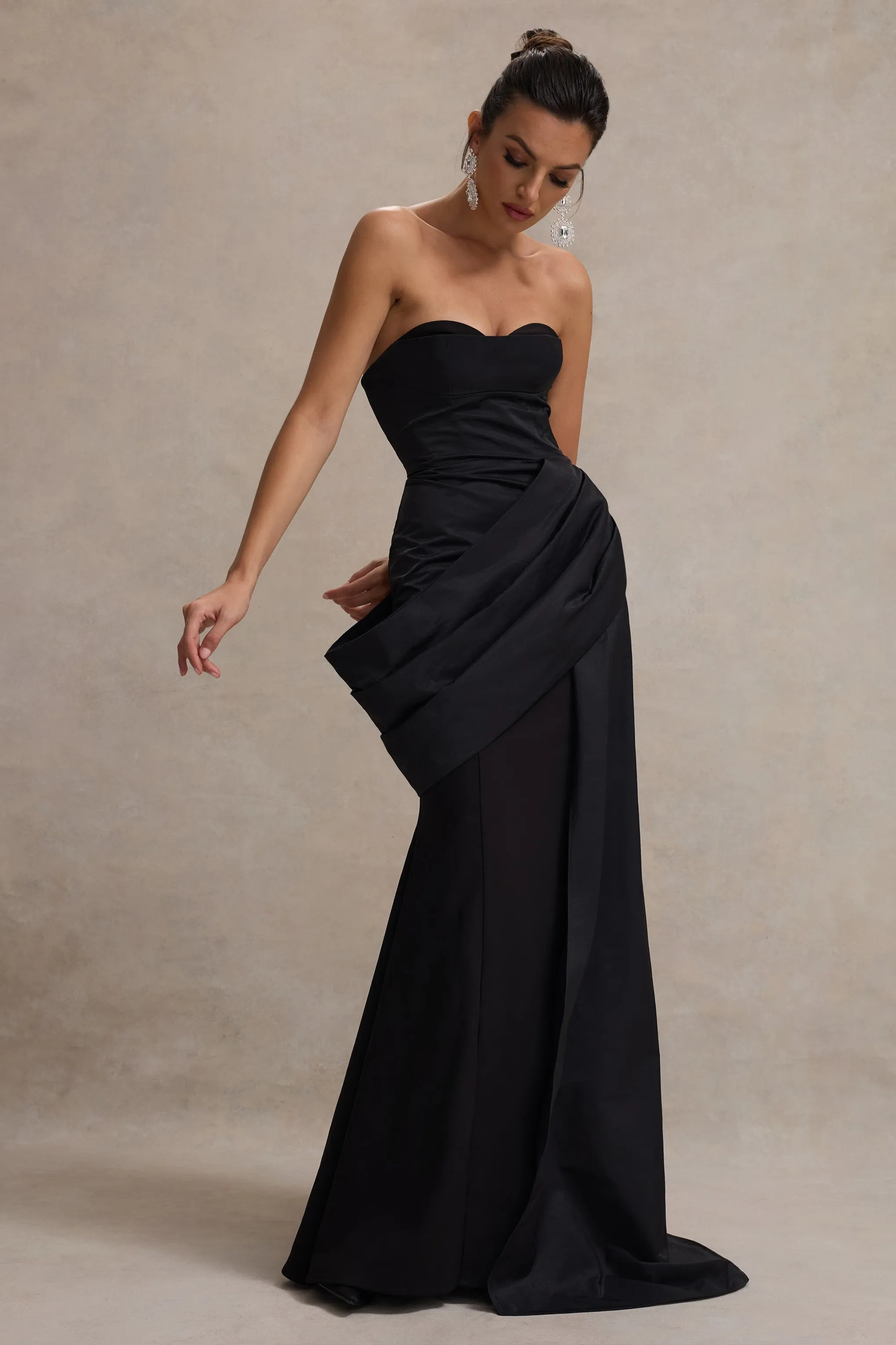 Fallen | Black Strapless Corset Maxi Dress With Drape sold by Club L London product image thumbnail 5