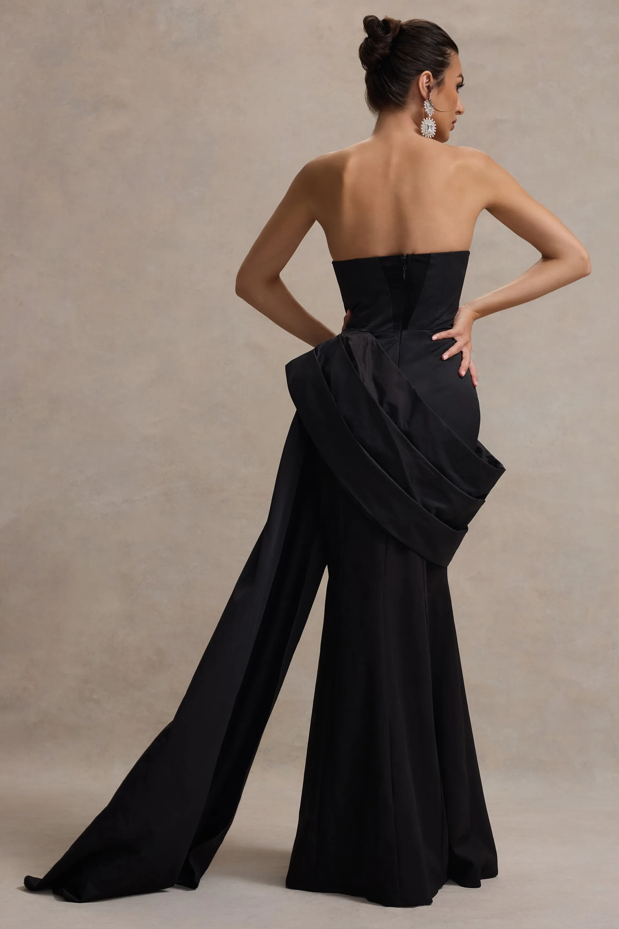 Fallen | Black Strapless Corset Maxi Dress With Drape sold by Club L London product image thumbnail 2