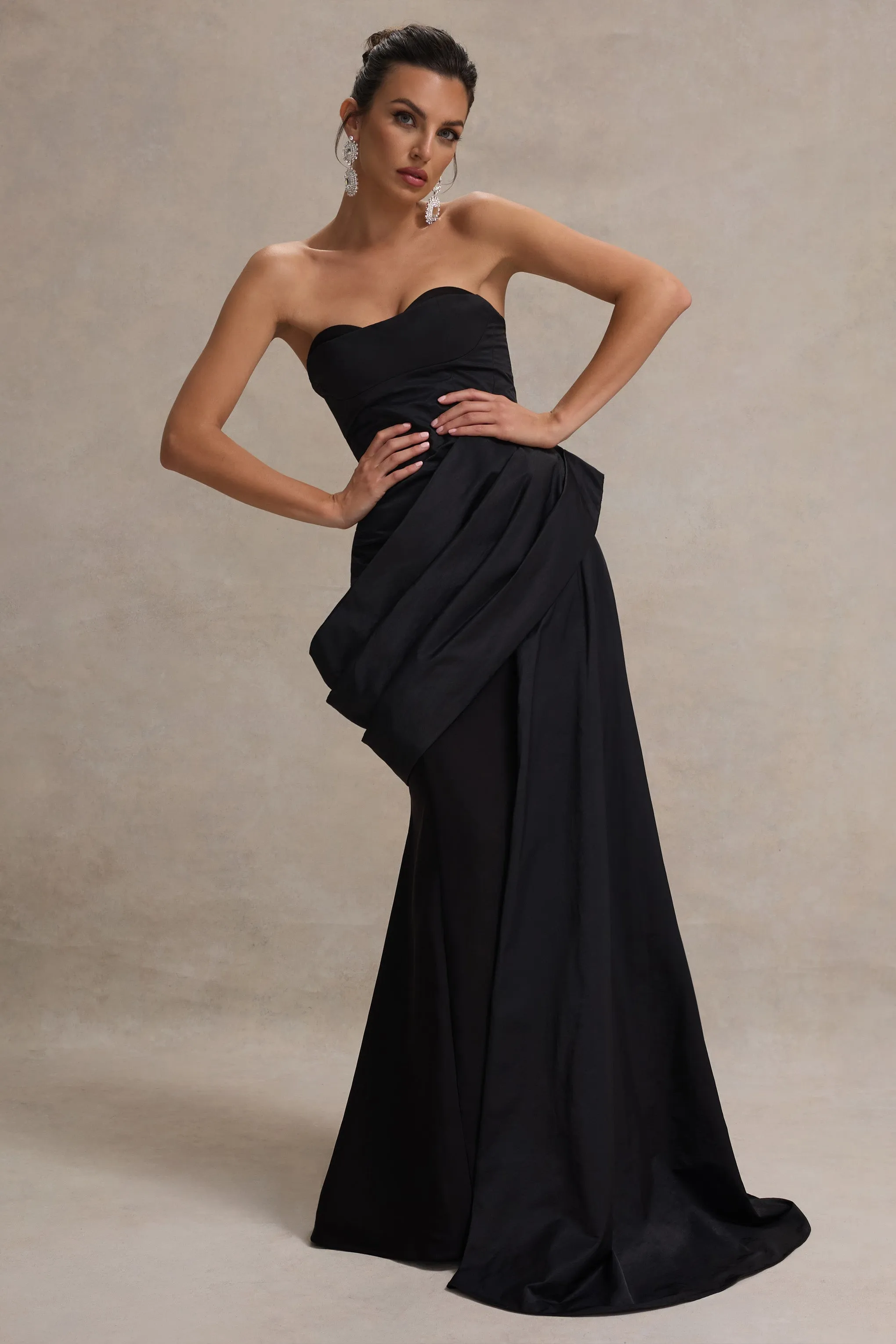 Fallen | Black Strapless Corset Maxi Dress With Drape sold by Club L London product image thumbnail 4