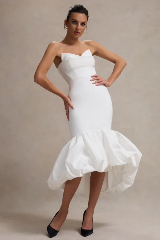 Emmelina | White Corset Maxi Dress With Volume Hem sold by Club L London